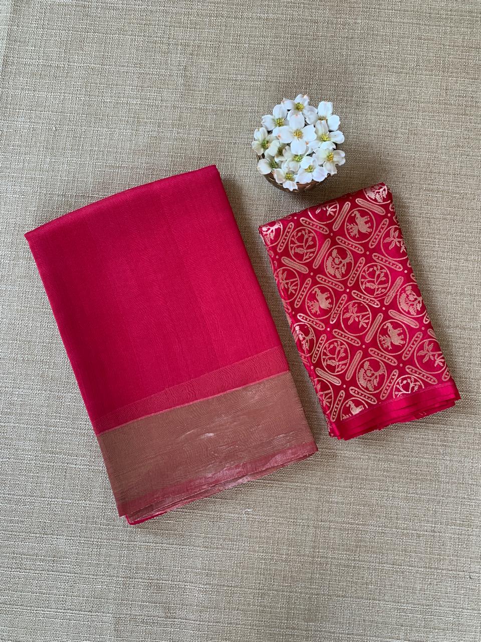 Dark Pink Tussar Kora Saree Wth Tissue Border & Pallu Paired Wth Brocade Blouse