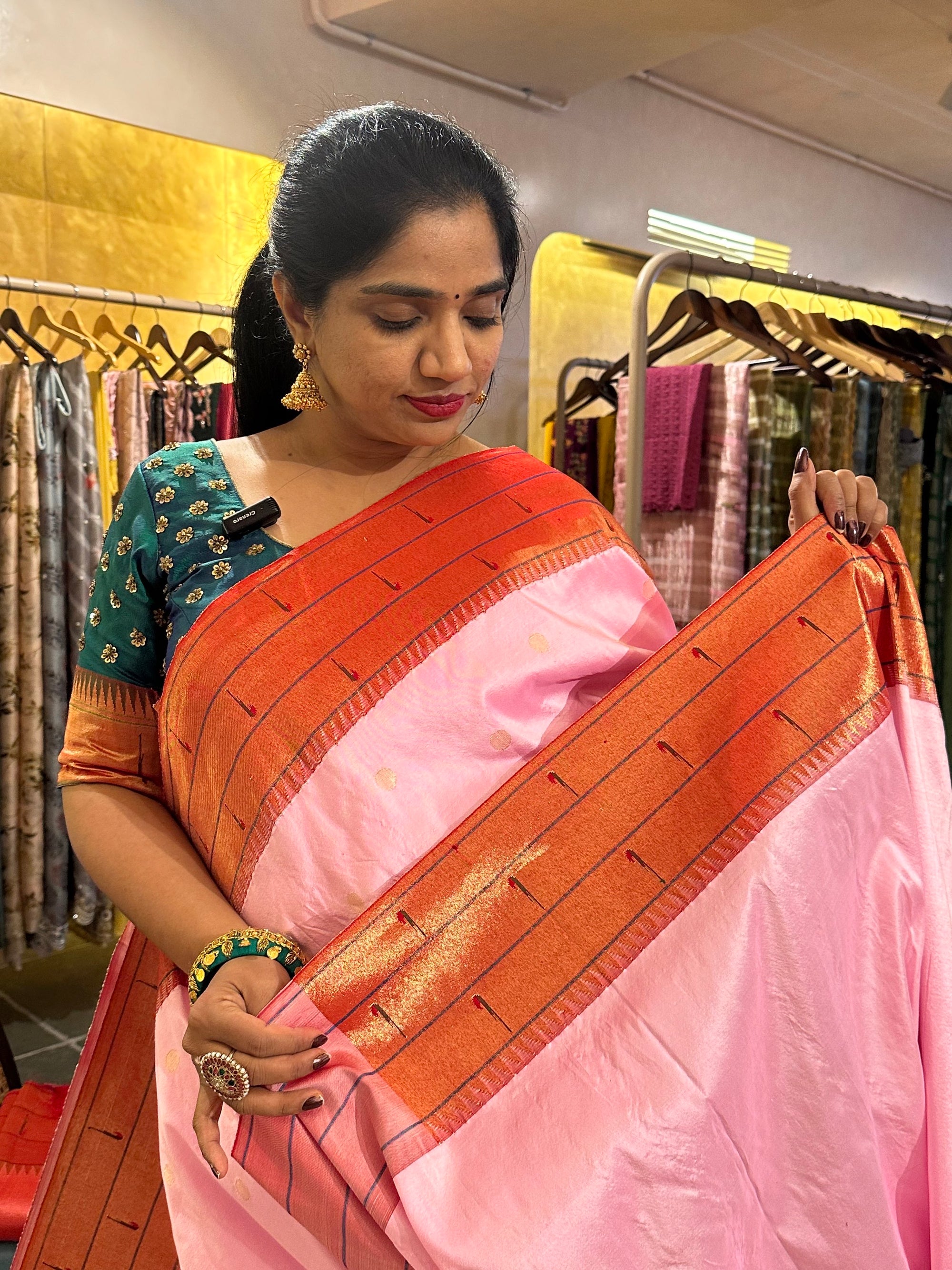 Light Rose Pink Tripple Muniya Pure Handloom Painthani Saree