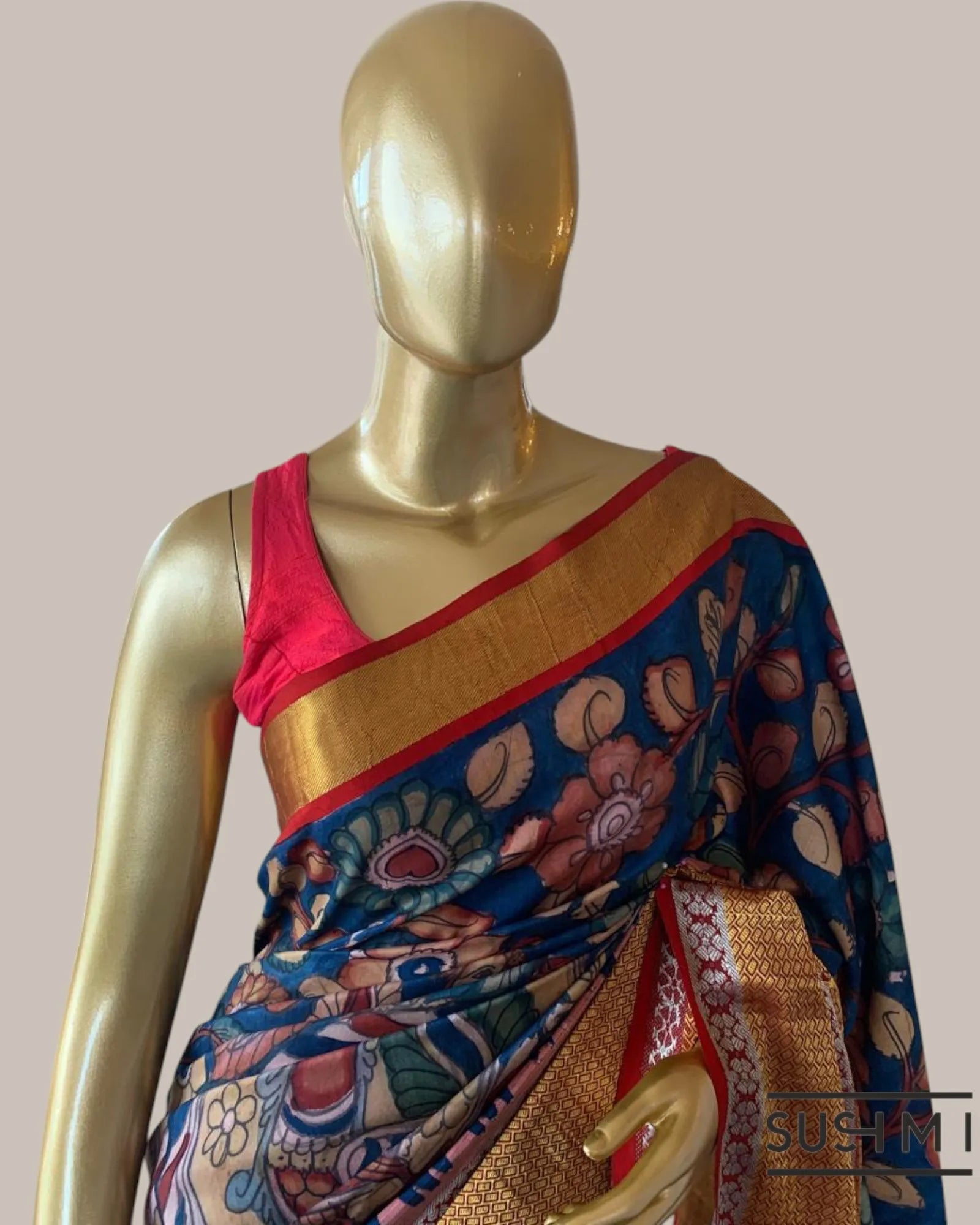 Blue Kanchi Pen kalamkari handpainted saree with heavy borders