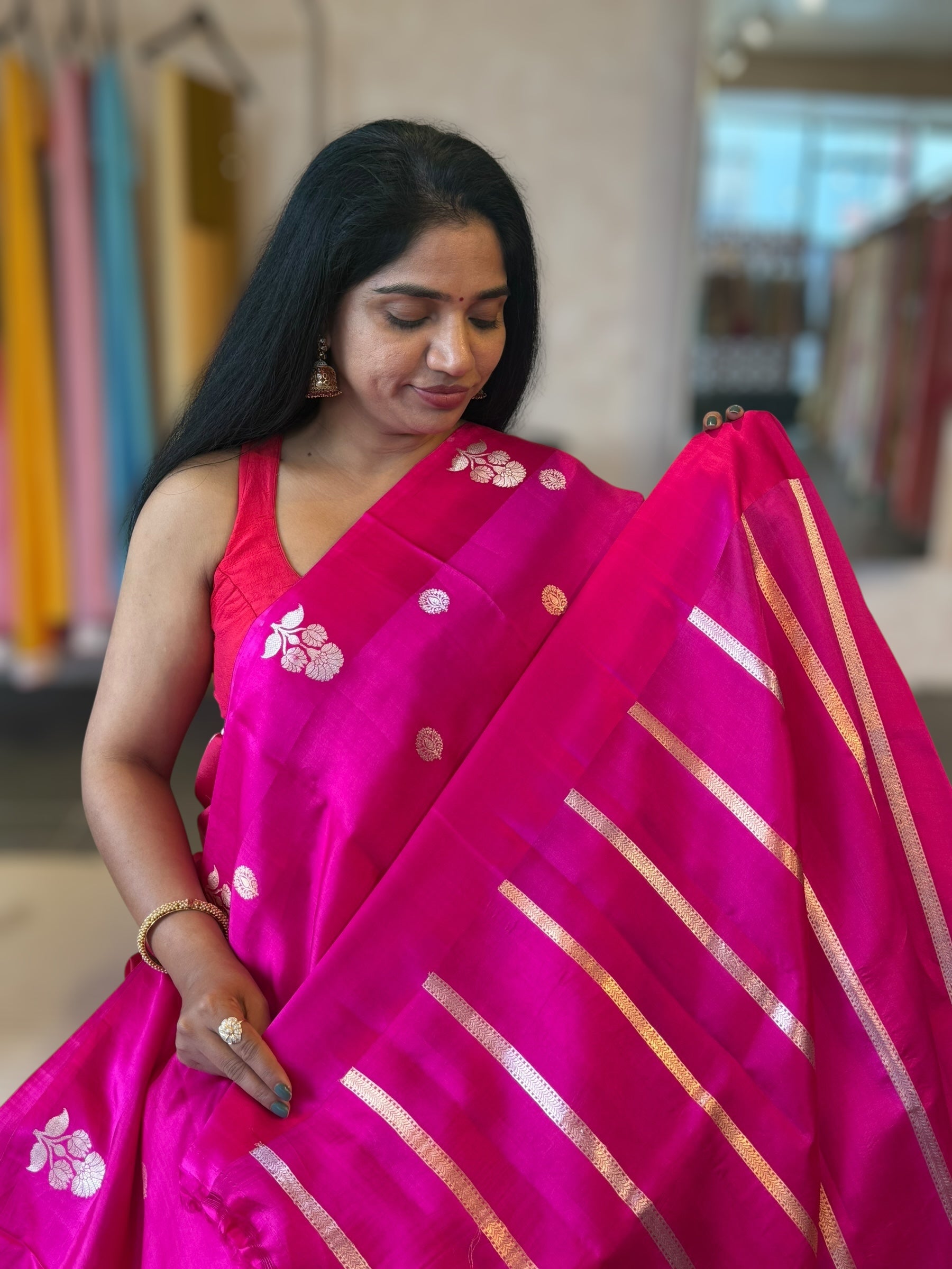 Rani Pink Banarasi Raw Mango Silk Saree with Open Borders & Kaduwa Woven Motifs