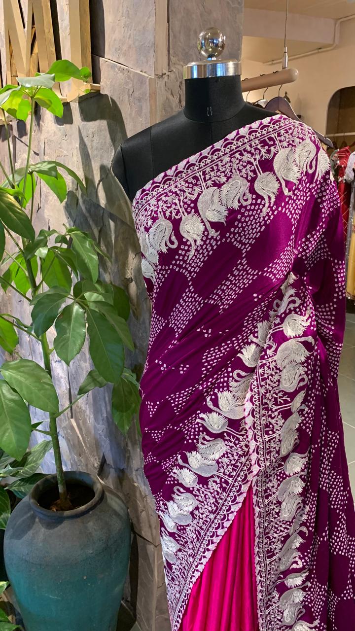 Pure Gajji Silk Rai Bandhej Saree in half and half style with Swan embroidery