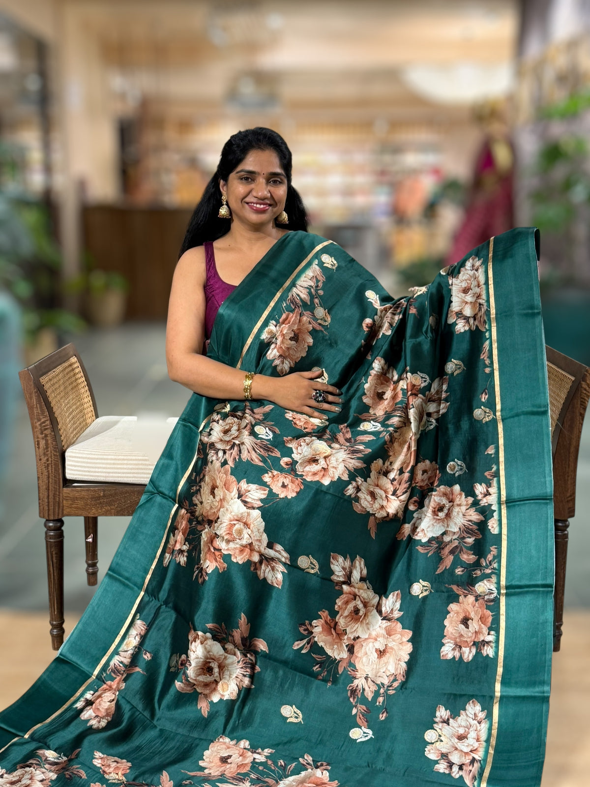 Forest Green Kanchi Soft Silk with Bold Floral Print