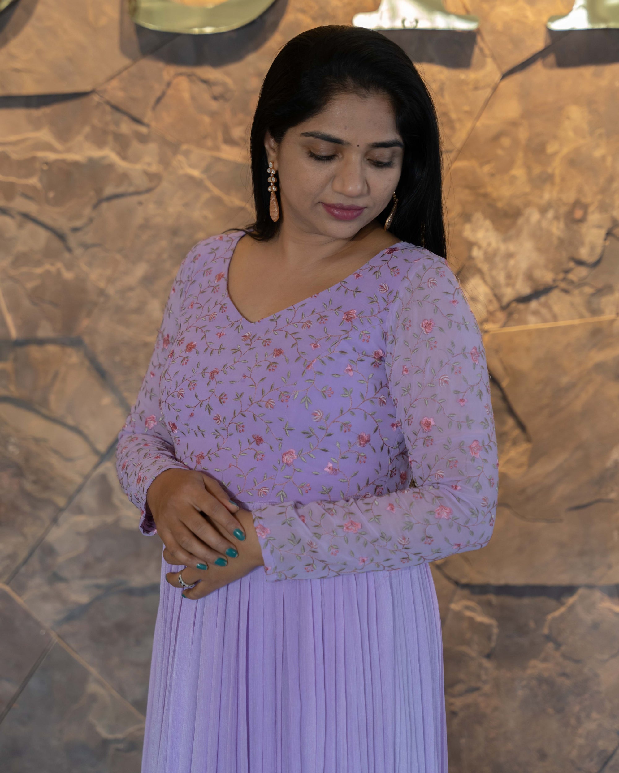 Pure chinnon long frock with embroidered yoke