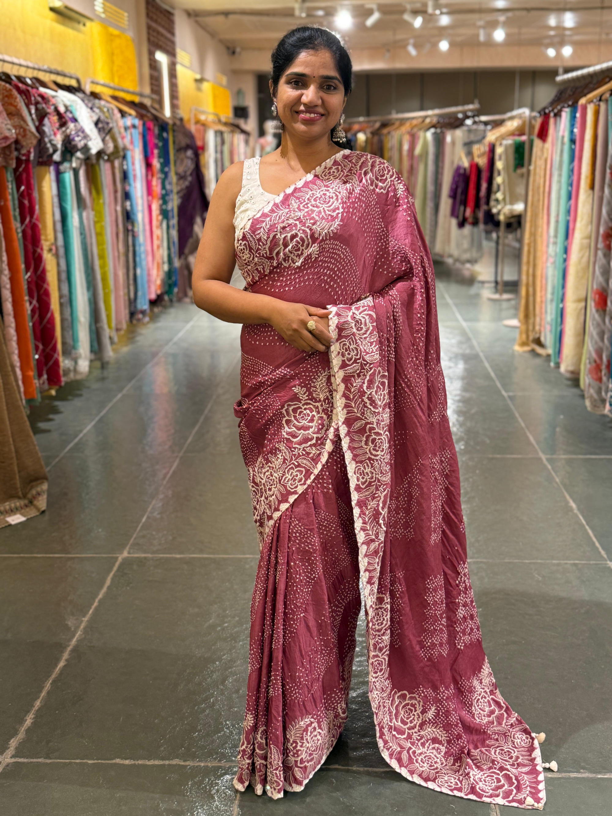 Dark Onion Pink Pure Gajji Silk Rai Bandhej Saree with Outline Embroidery