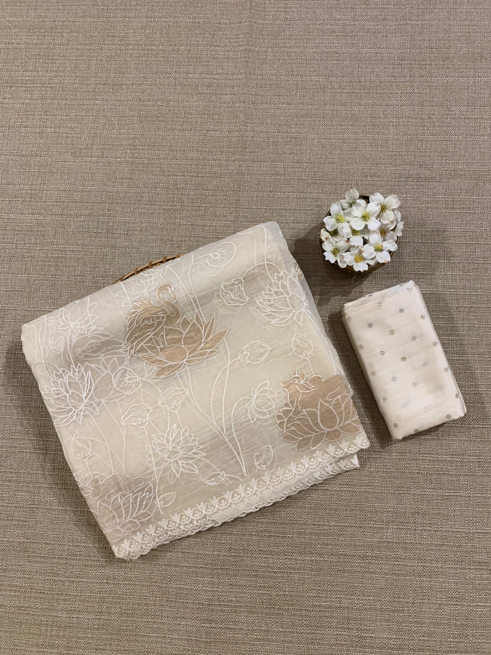 SOAA1605 : Ivory Organza Saree with Allover Pichwai Applique Embroidery