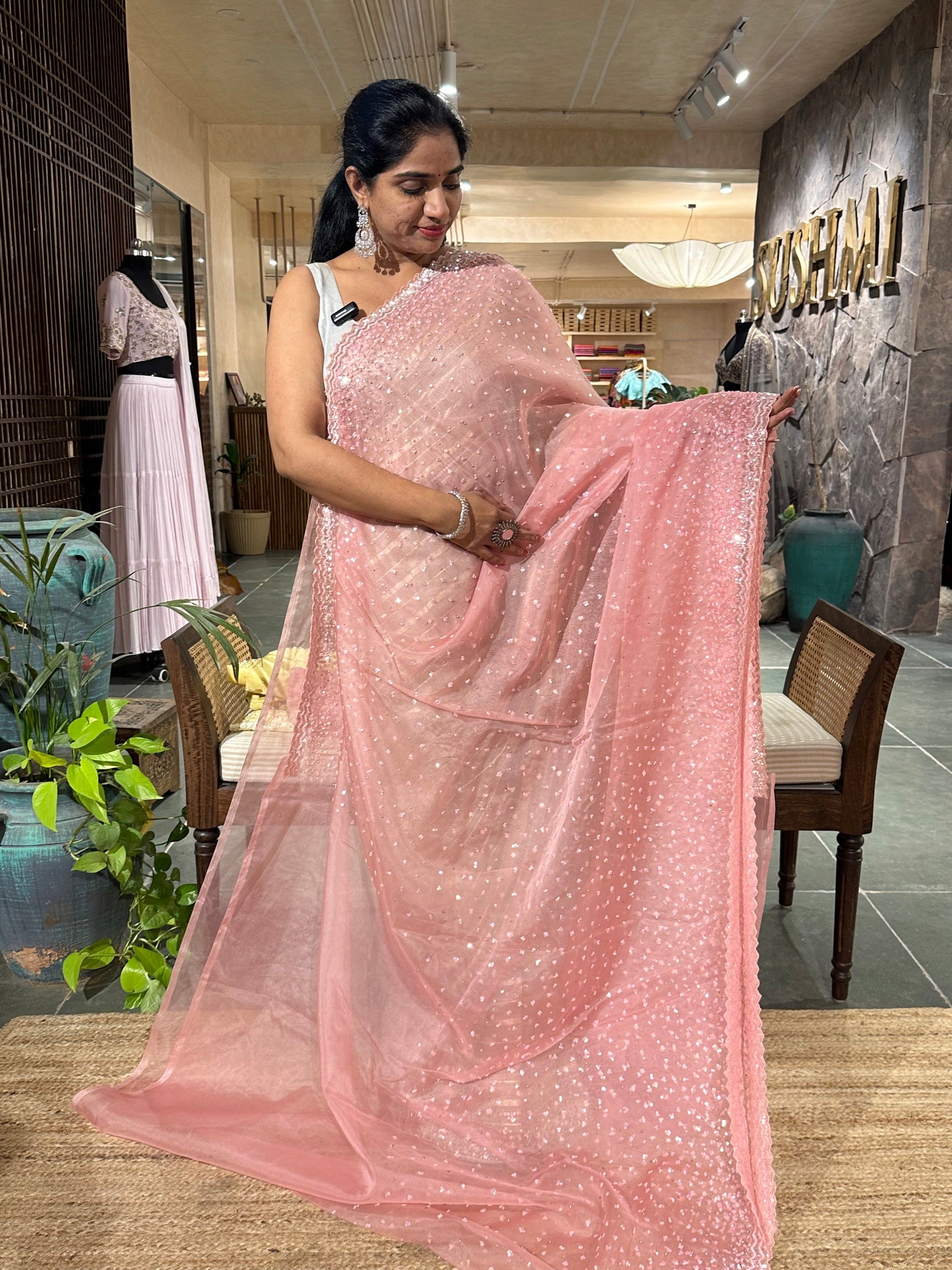 Blush Pink Organza Handwork Saree with stitched blouse