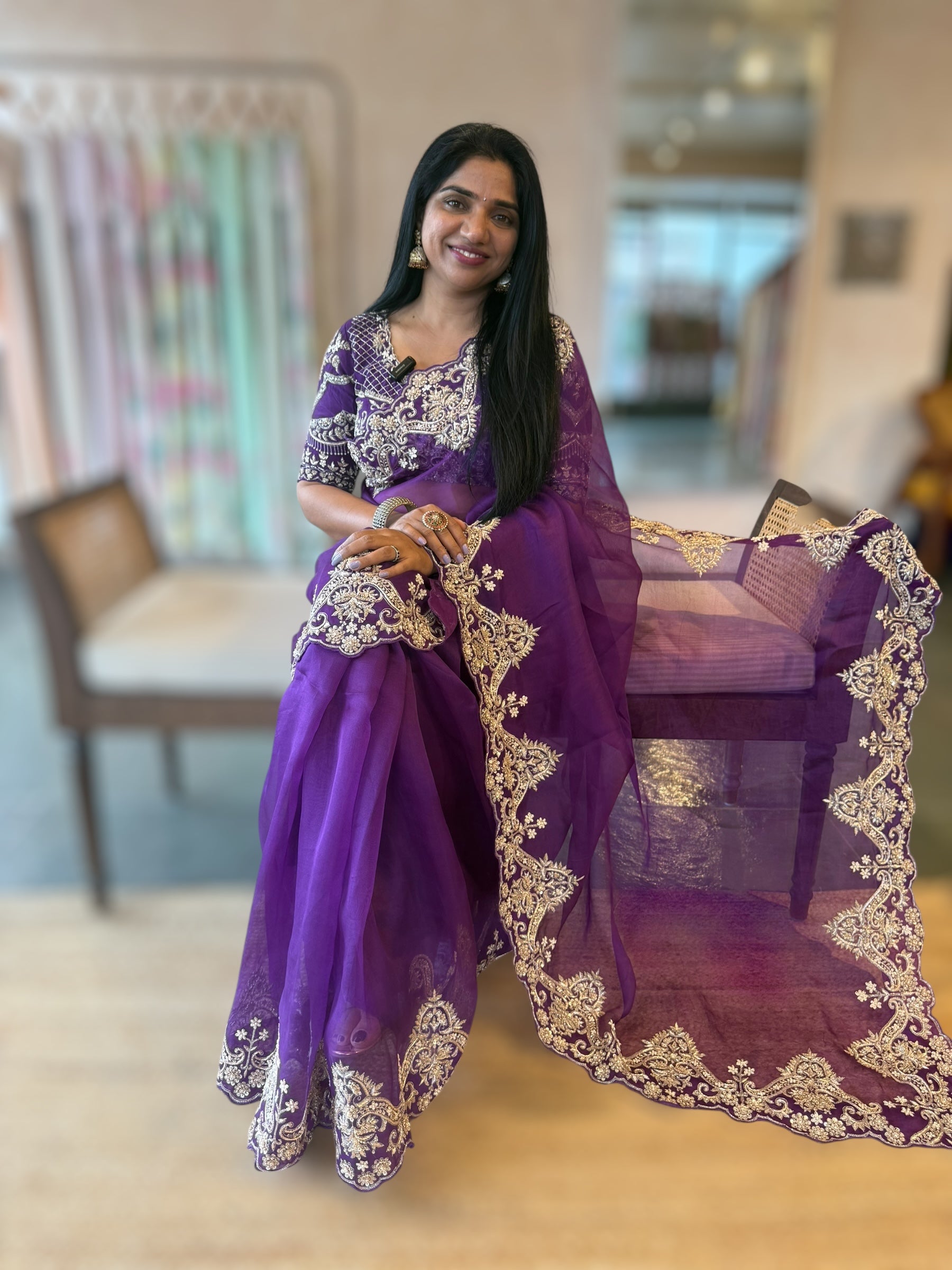 Purple Organza Heavy Handwork Saree