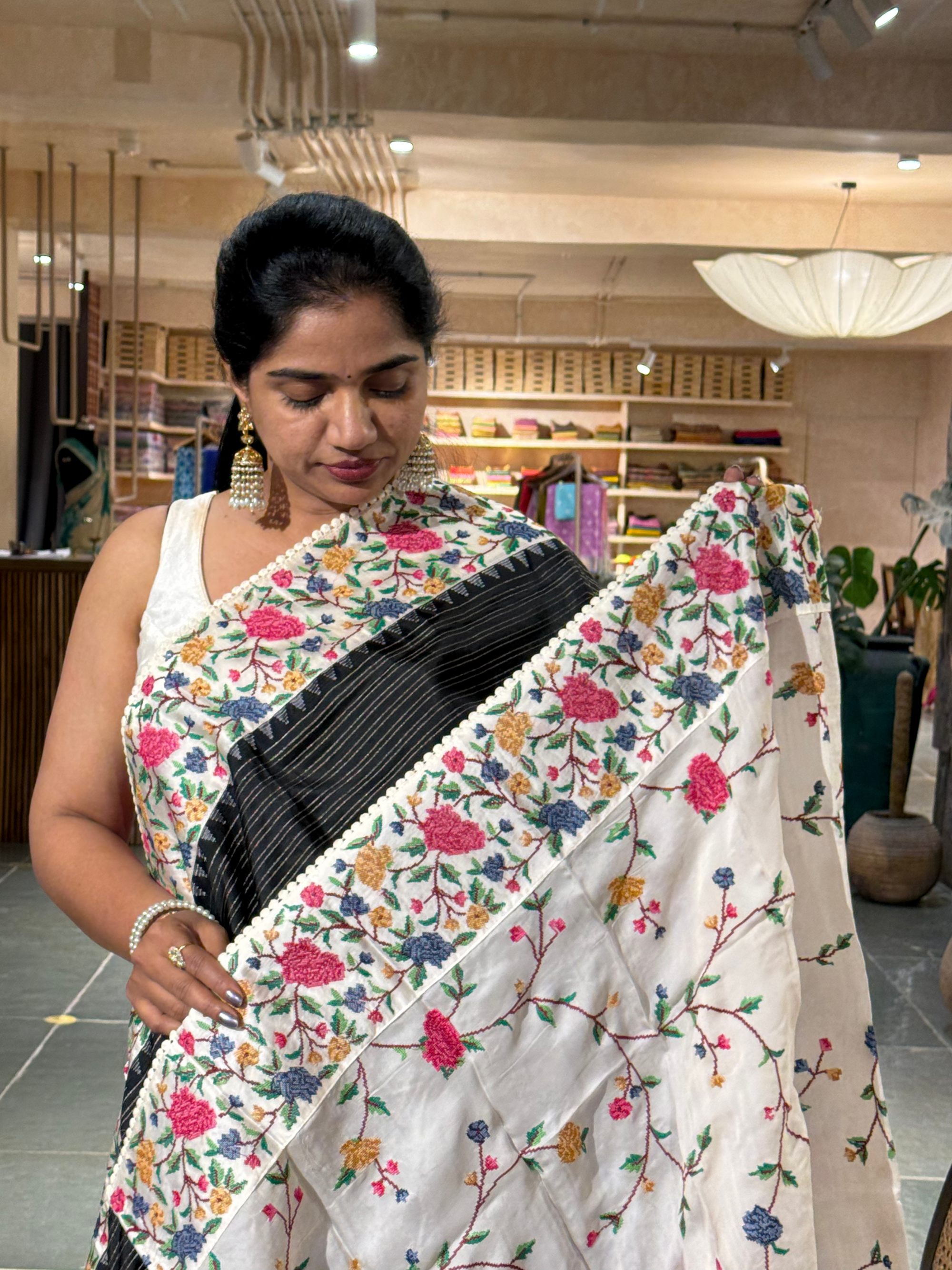 Black Soft Silk Saree with Petite Point Embroidery