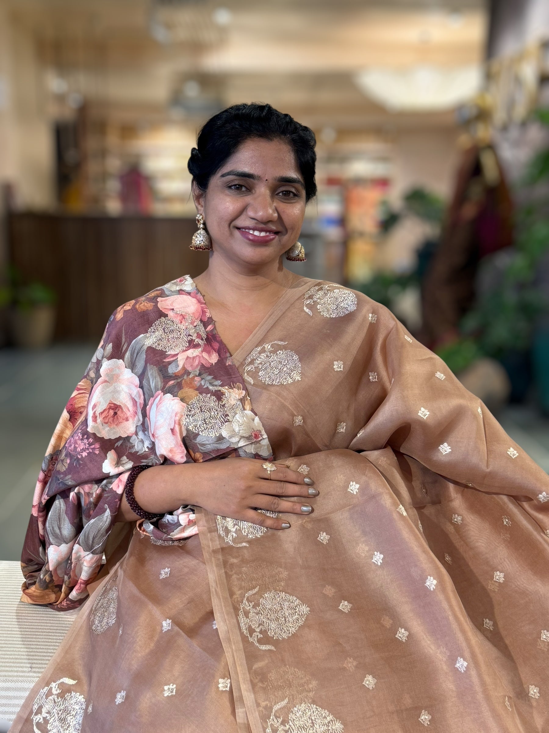 Nude Organza Saree With Embroidered Motifs Border & Tussar Printed Blouse