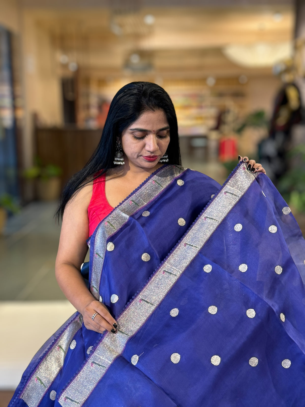 Purplish Blue Pure Organza Saree With Pythani Embroidered Border