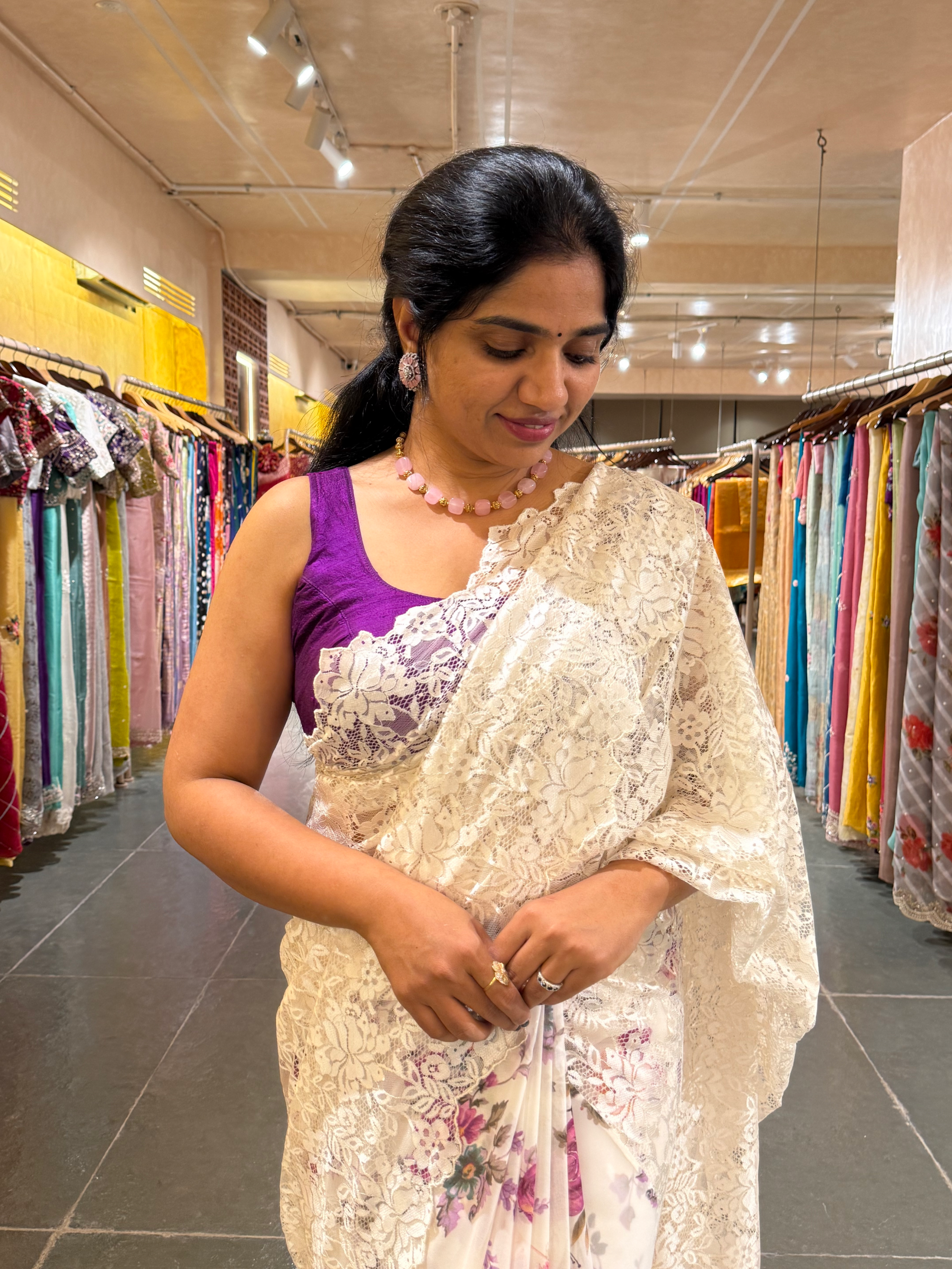Designer Gorgette Saree with Chantilly lace for Pallu in Half and Half style