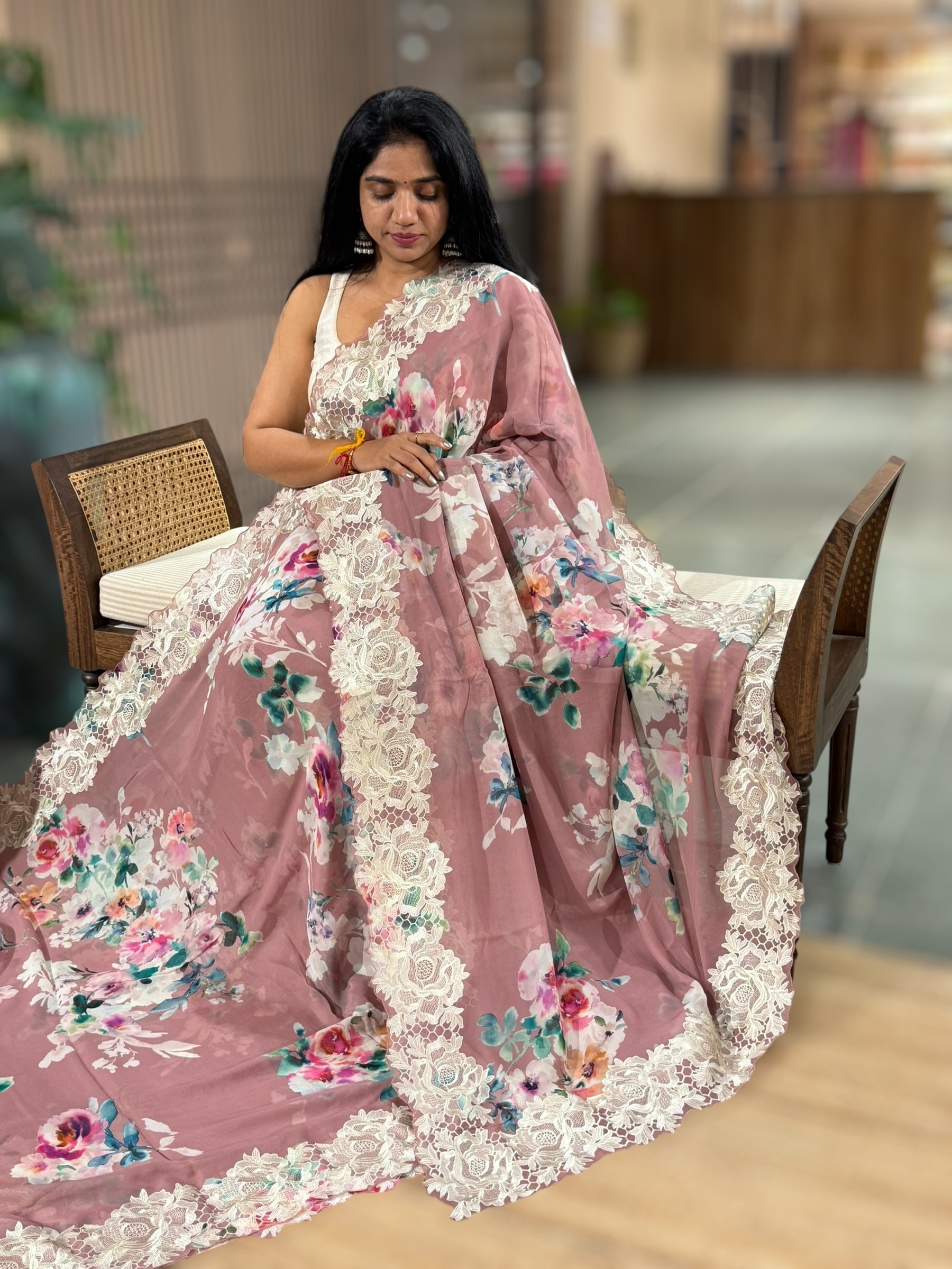Onion Pink Gorgette  Saree With Chatilly Lace Style Cutwork embroidered Border