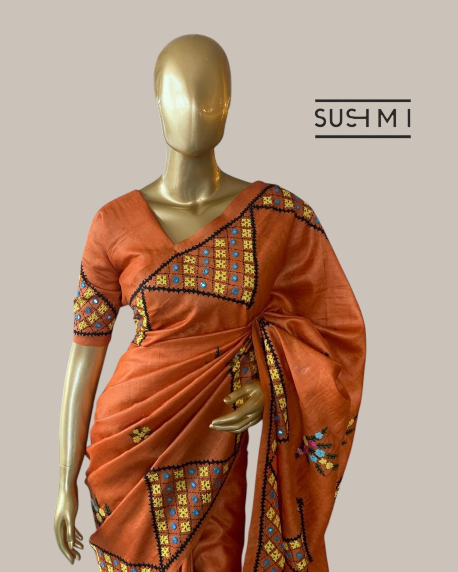 Rust Orange Pure Tussar Saree with handwork Kutch embroidered with mirrors