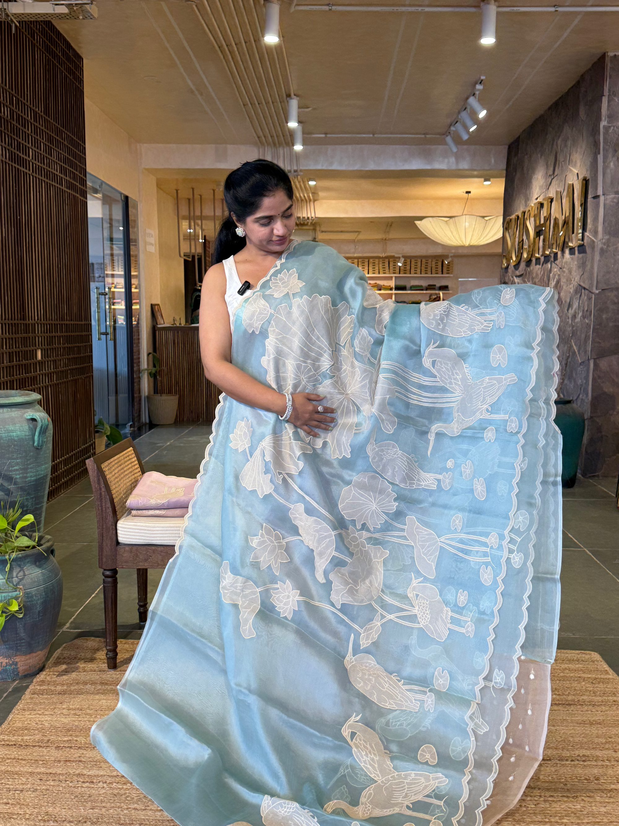 Sky Blue Pure Organza Designer Saree with Allover Tissue Applique Embroidery