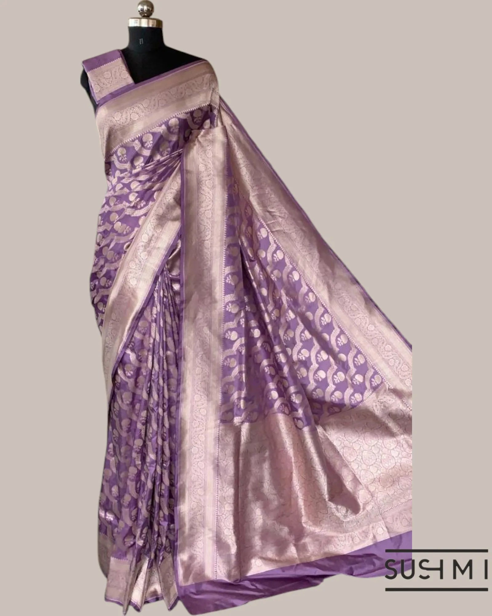 Lilac Banarasi Katan Silk Saree with diagonal pattern scallop floral creeper wit