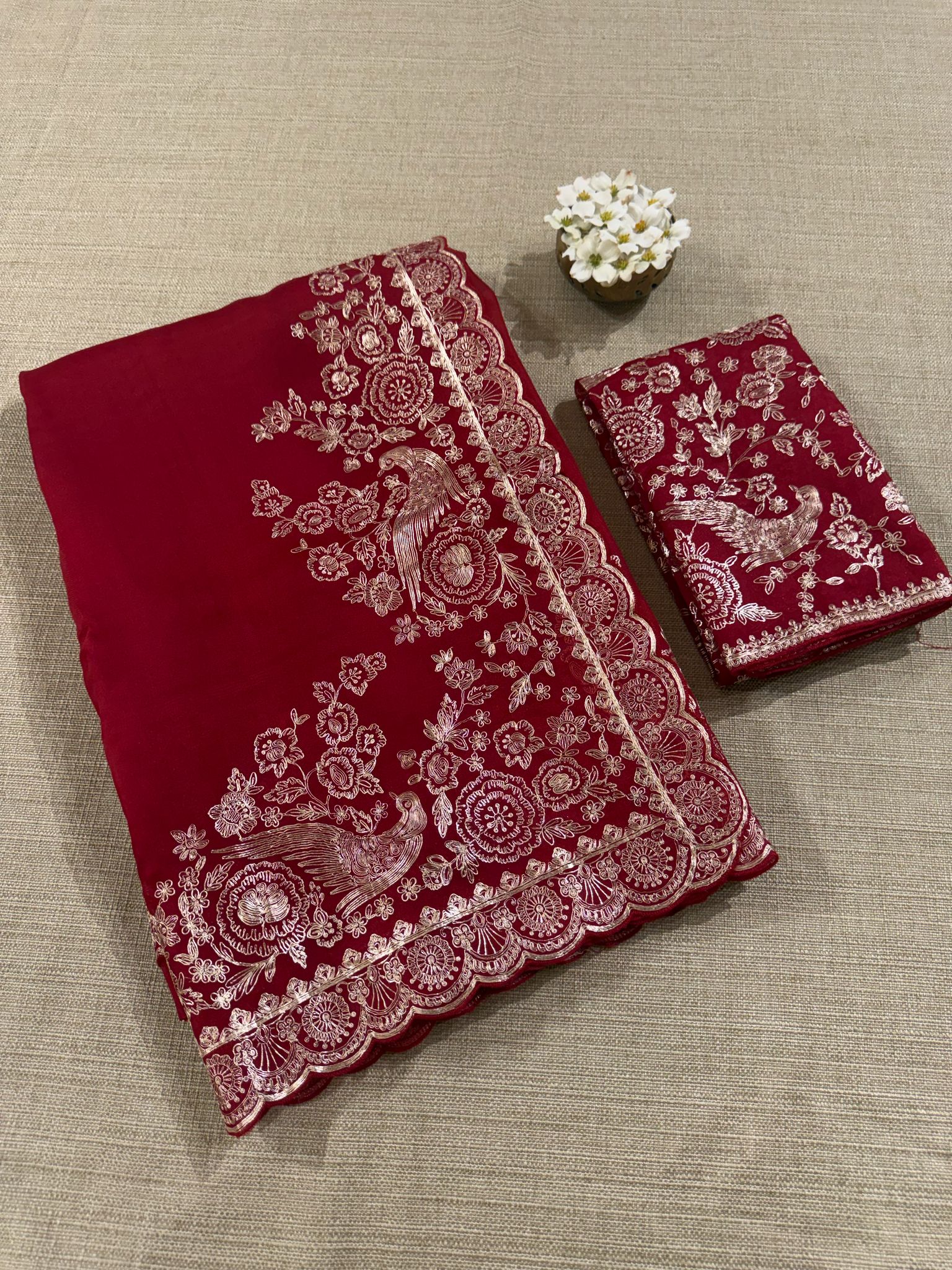 Meroonish Red  Pure organza Saree with pita emb