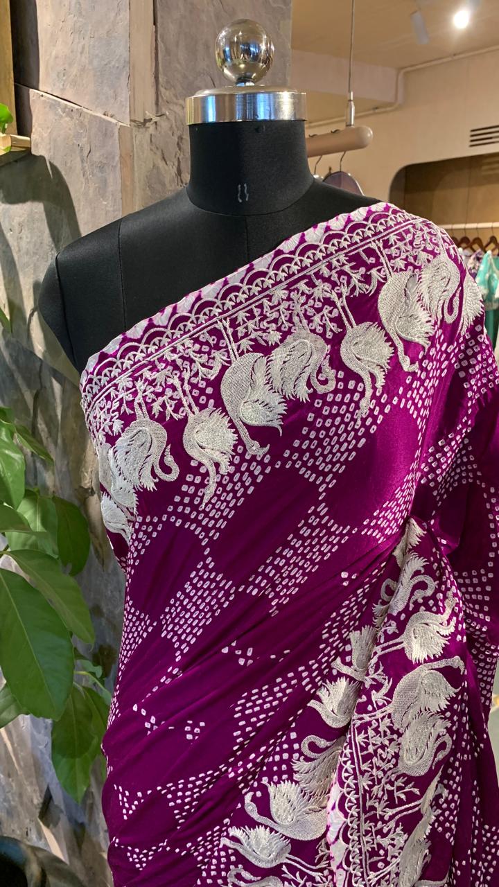 Pure Gajji Silk Rai Bandhej Saree in half and half style with Swan embroidery
