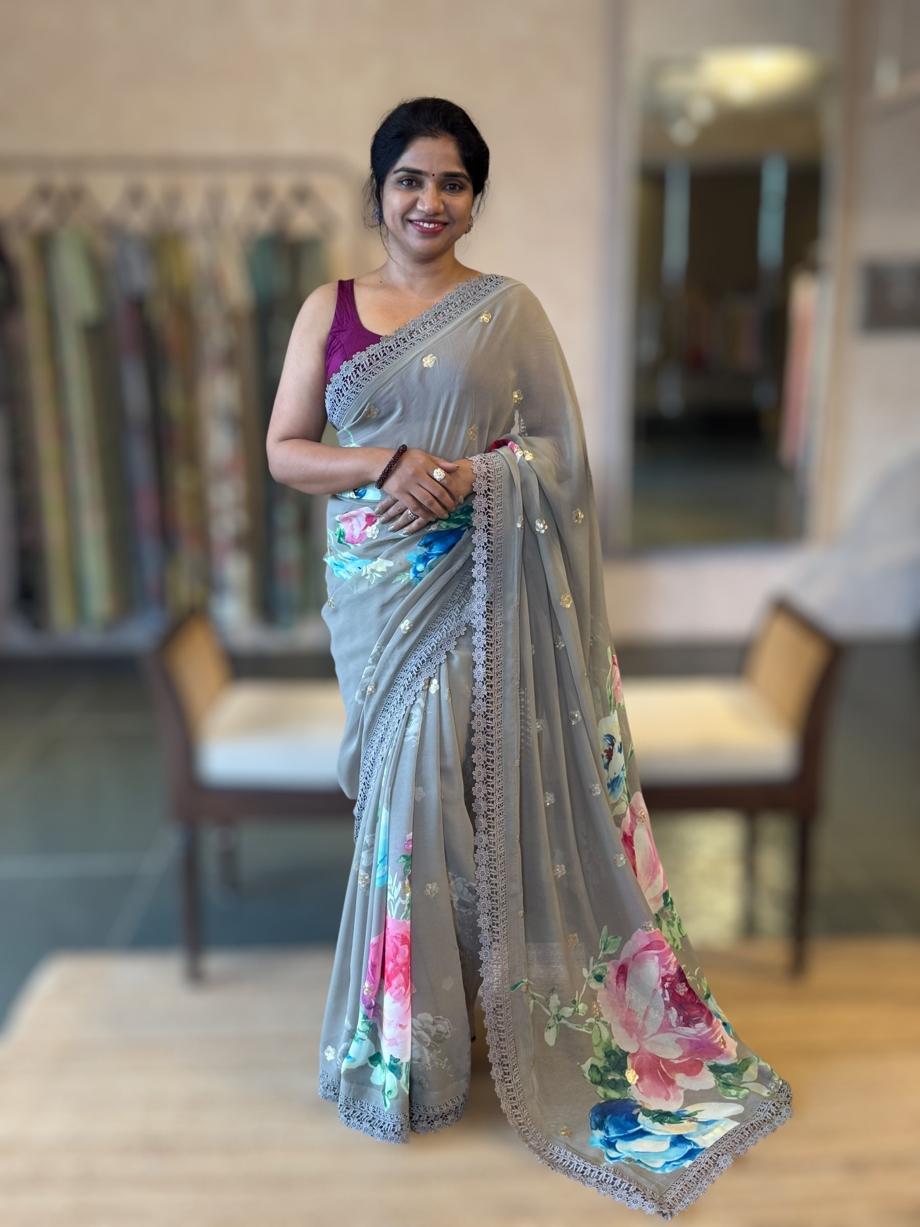 Olive Floral Gorgette Saree with Allover Sequence Floral