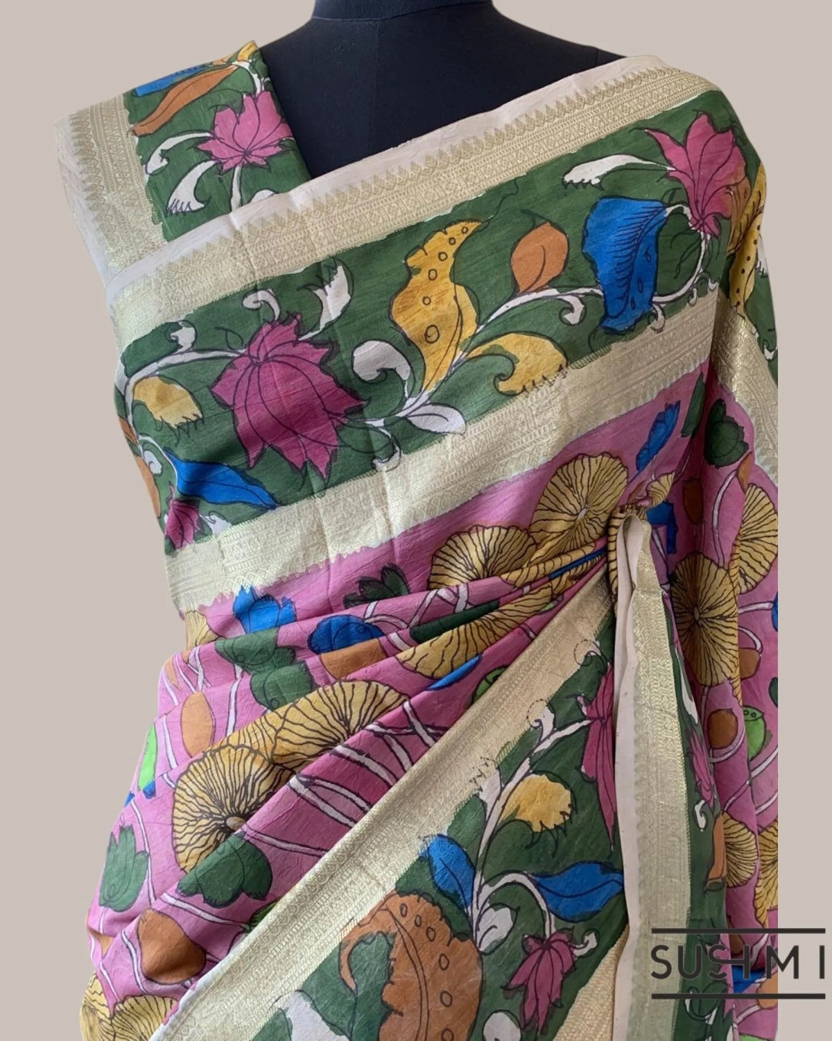 Pink Kanchi Pen kalamkari handpainted saree with heavy border