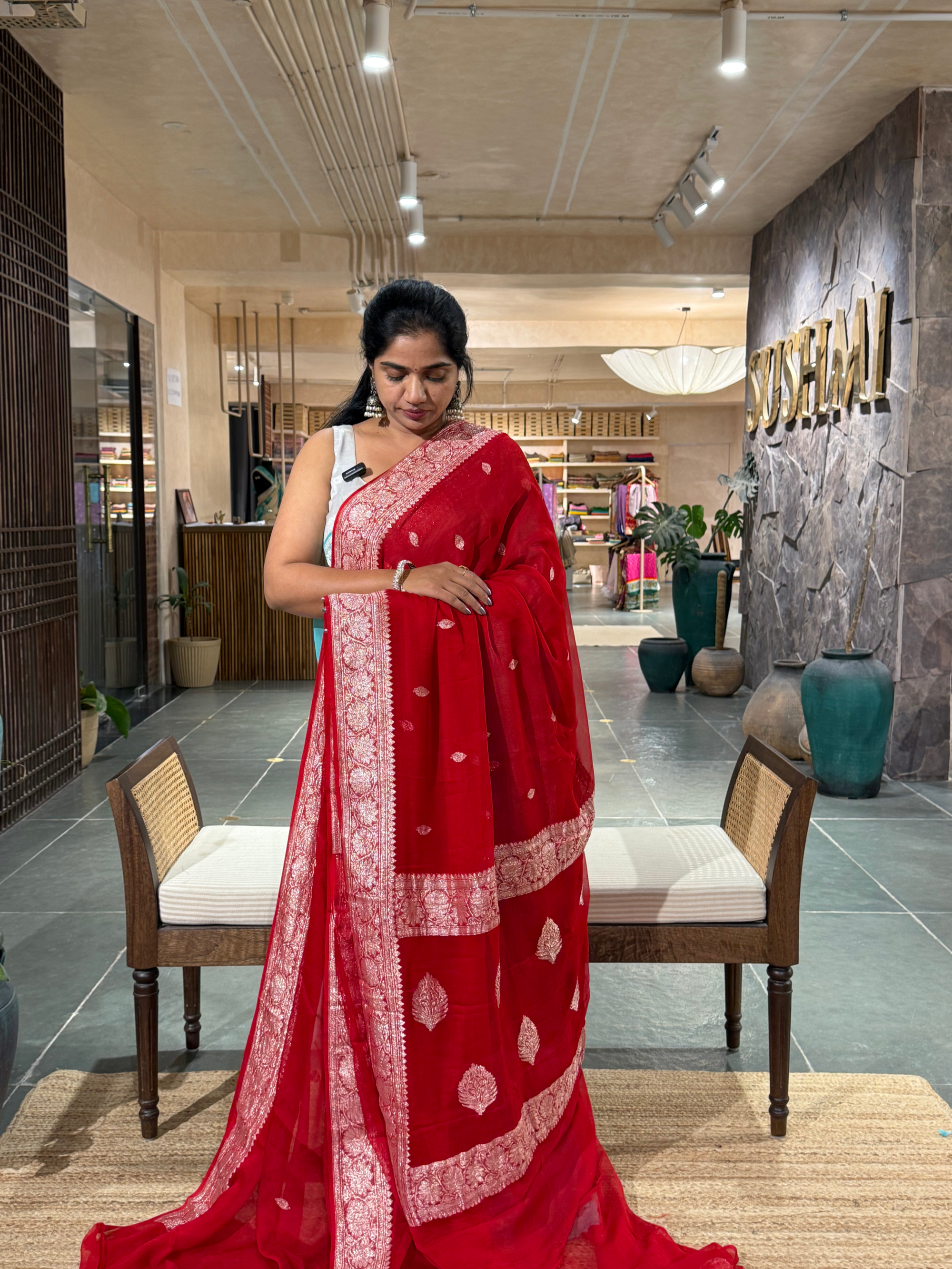 Chilli Red  Banarasi Handloom Khaddi Chiffon Saree with silver