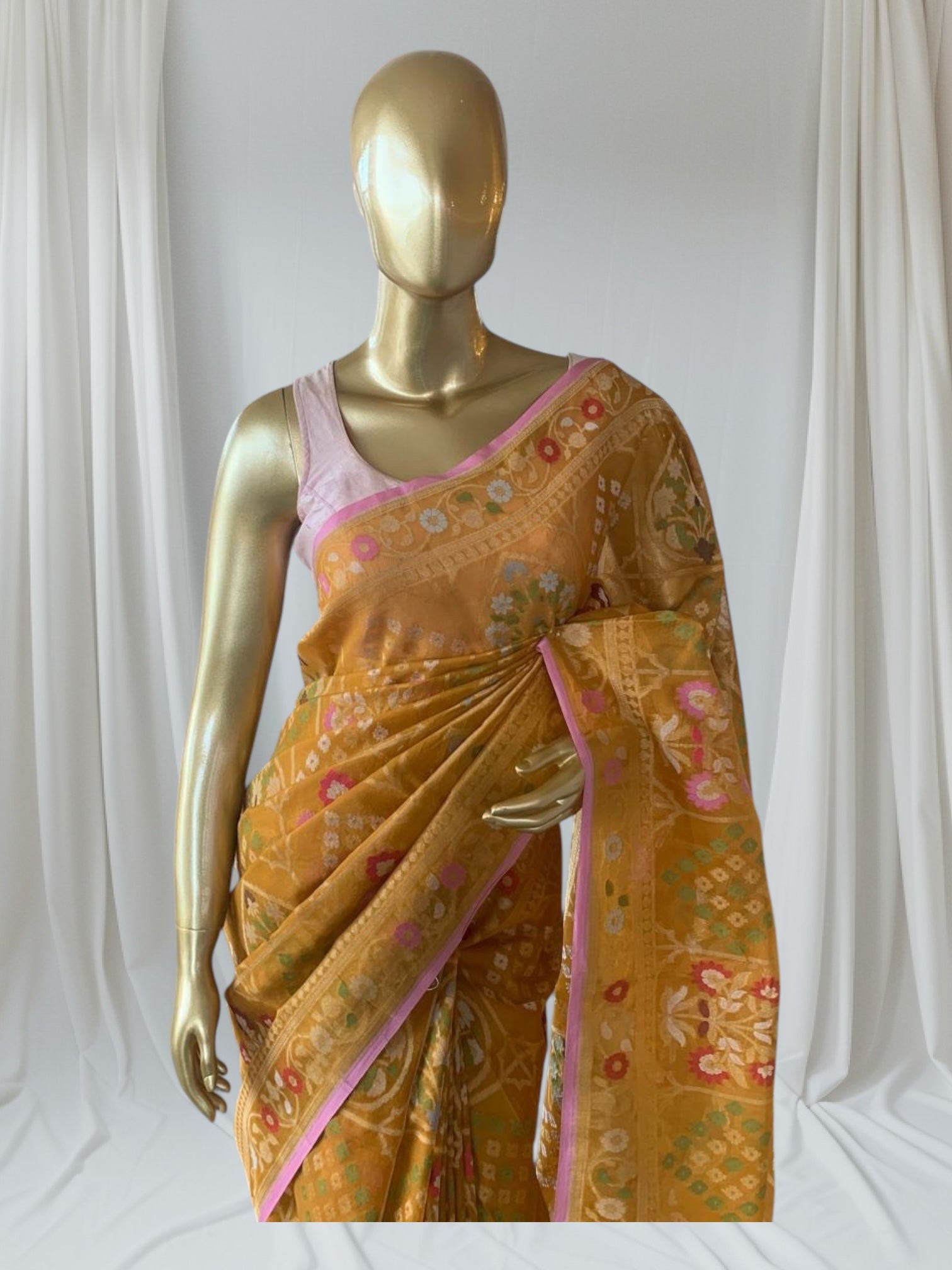 Mustard Banarasi Handloom Kora  Cut Jamdani Saree With Allover Meenakari
