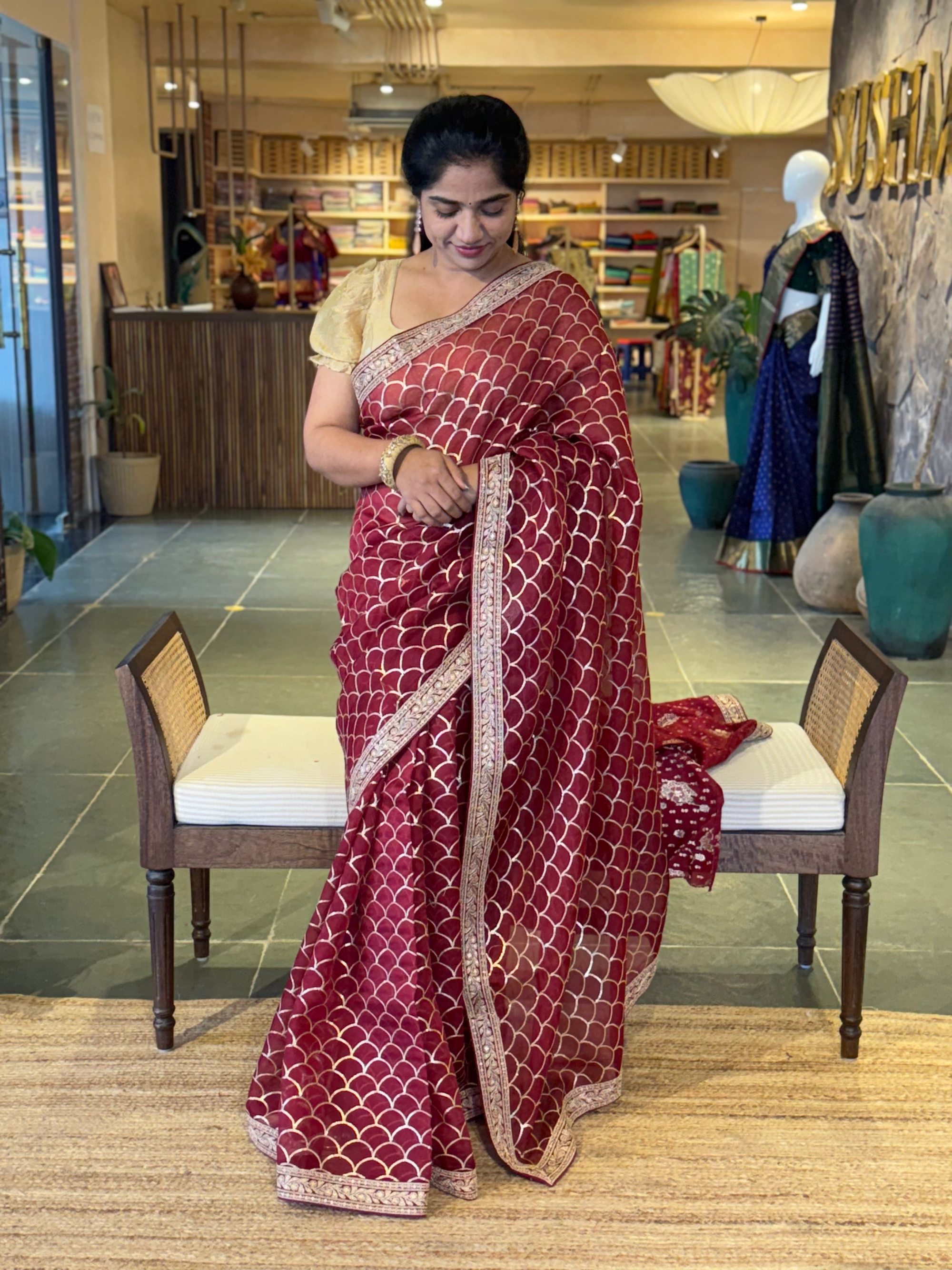 Burgundy Color Pure Organza allover Sequnce Saree in Sabhyasachi Style