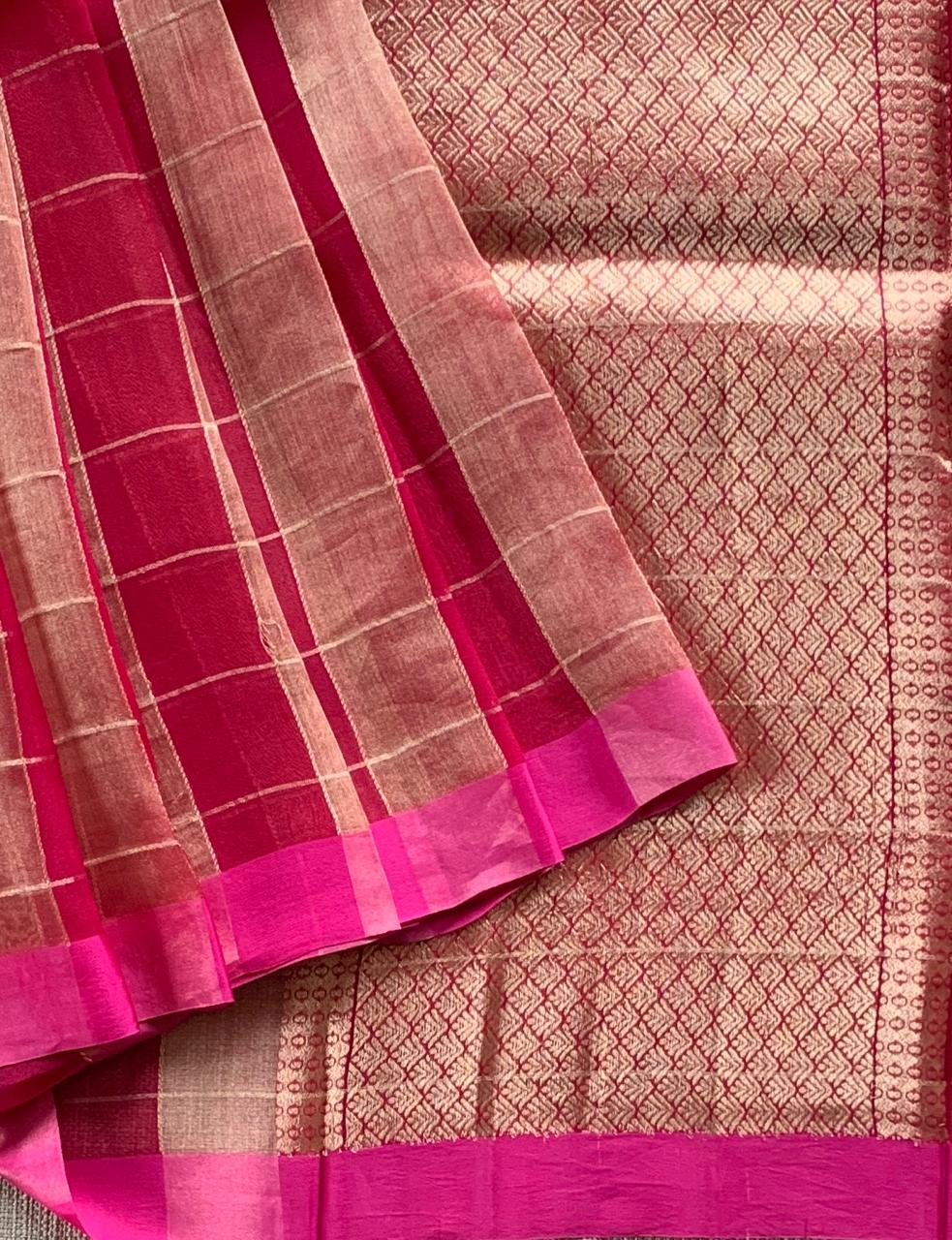 Pink Pure Handloom Banarasi Kora Tissue Checks Saree