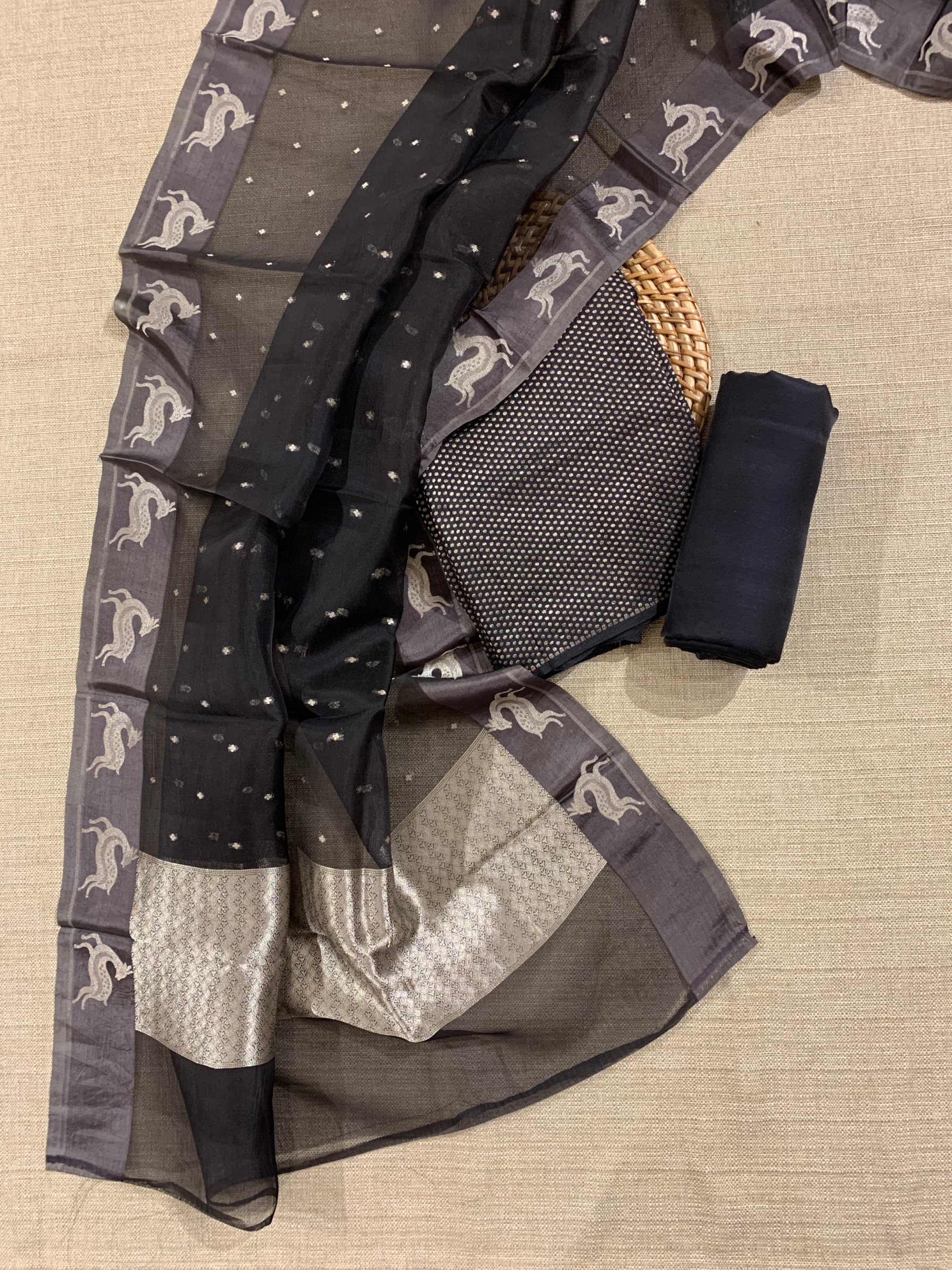 Black Pure Handloom Banarasi Moonga Crepe Silk  3-pc Unstitched Suit Set