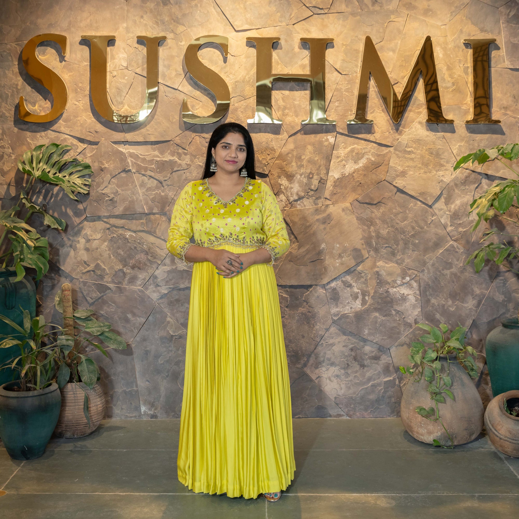 Pure Modal Satin long frock with Bandhini silk handwork yoke