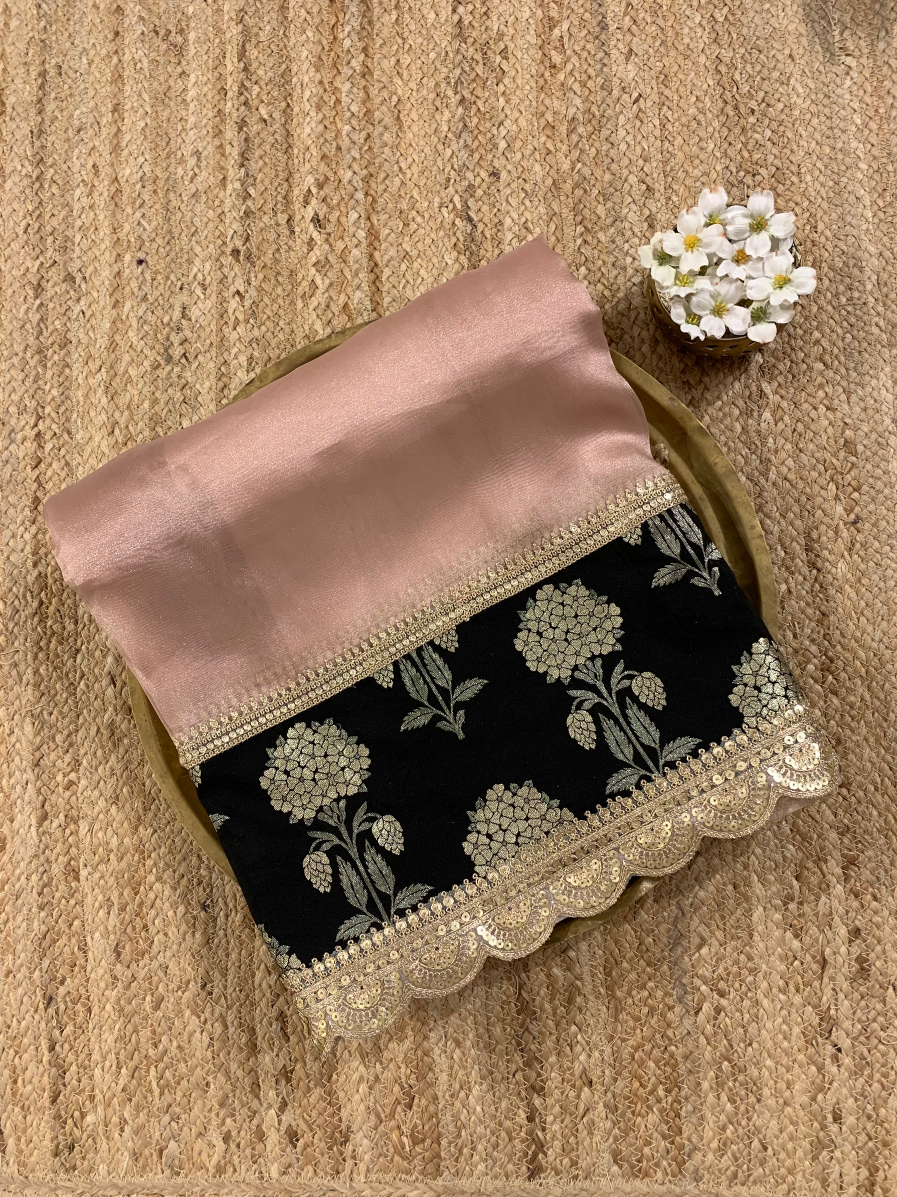Dusty Pink Organza Tissue Saree with Black Banarasi brocade borders STISHBM14