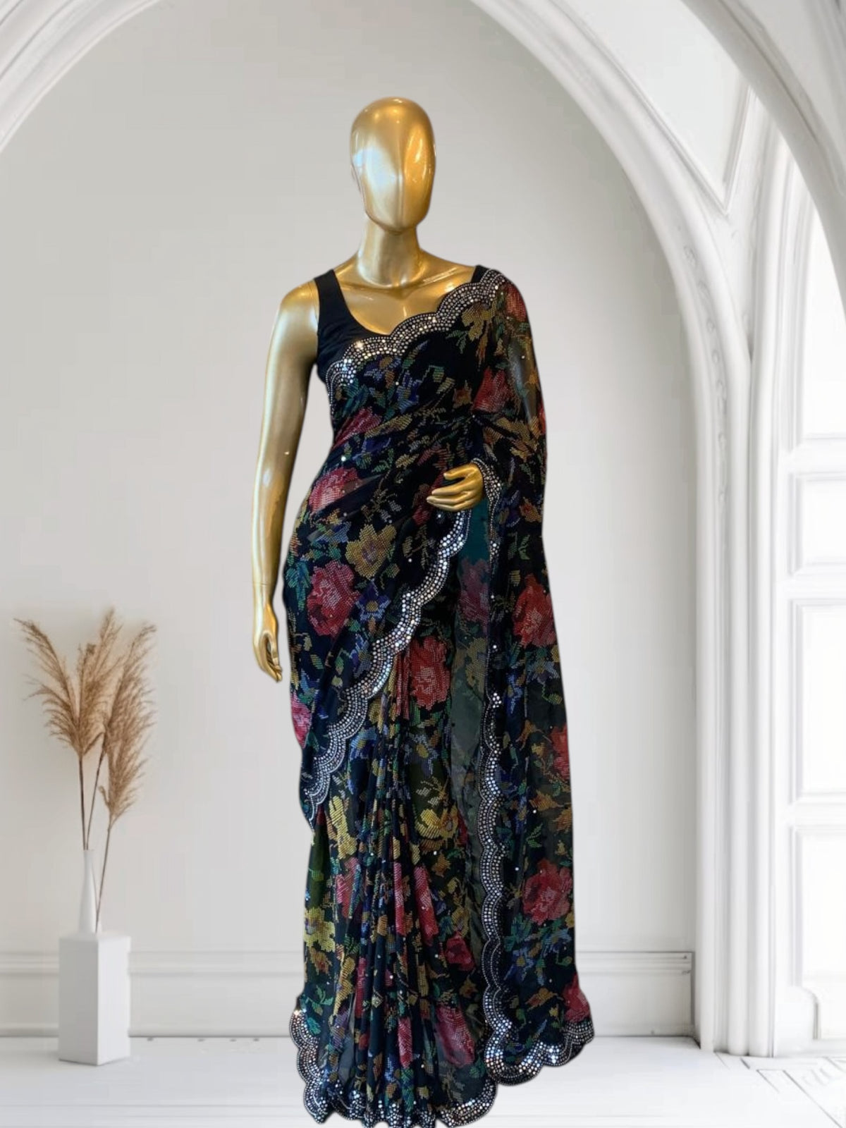 Black Gorgette printed Saree with handwork mirrorwork borders