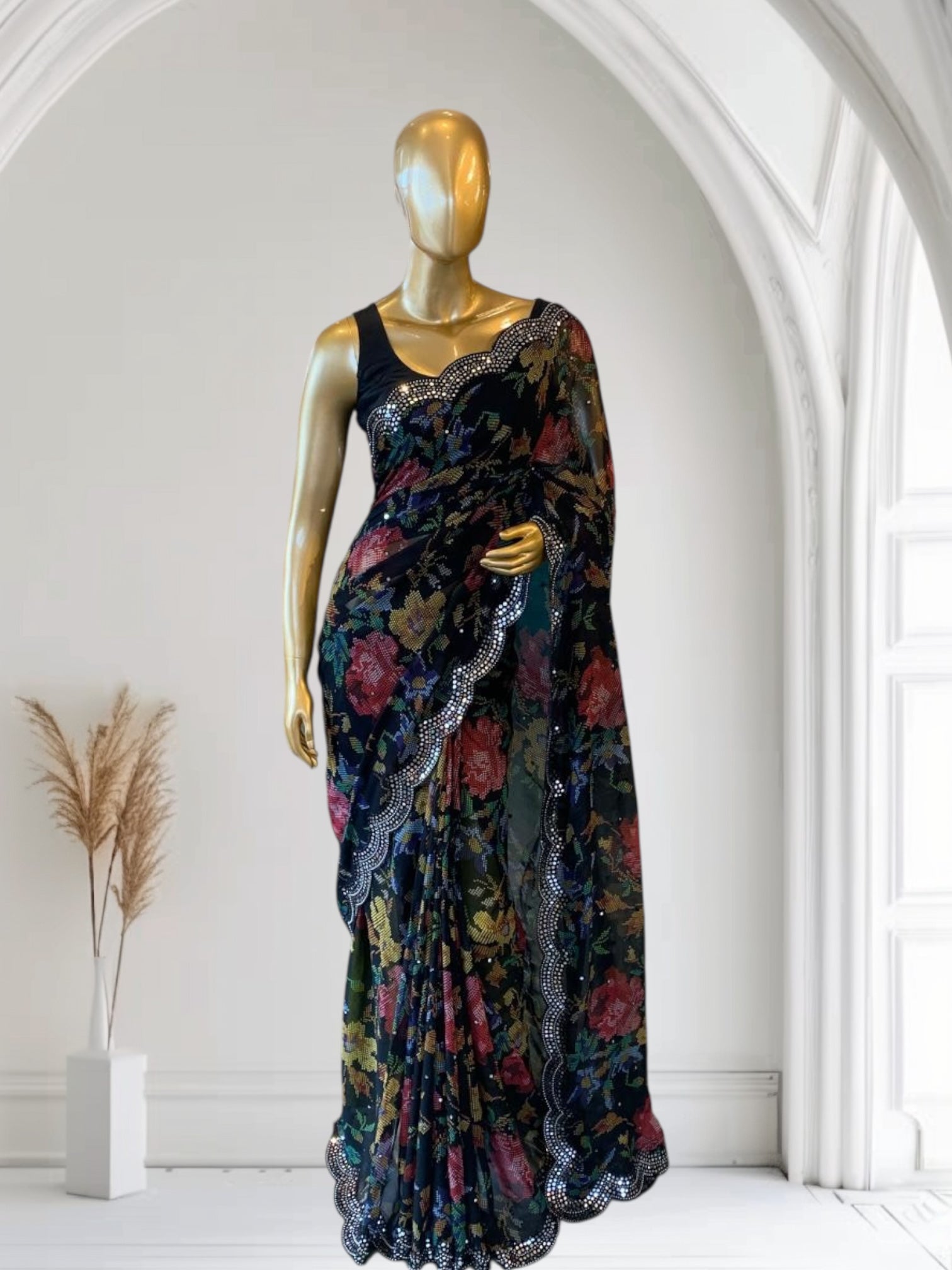 Black Gorgette printed Saree with handwork mirrorwork borders