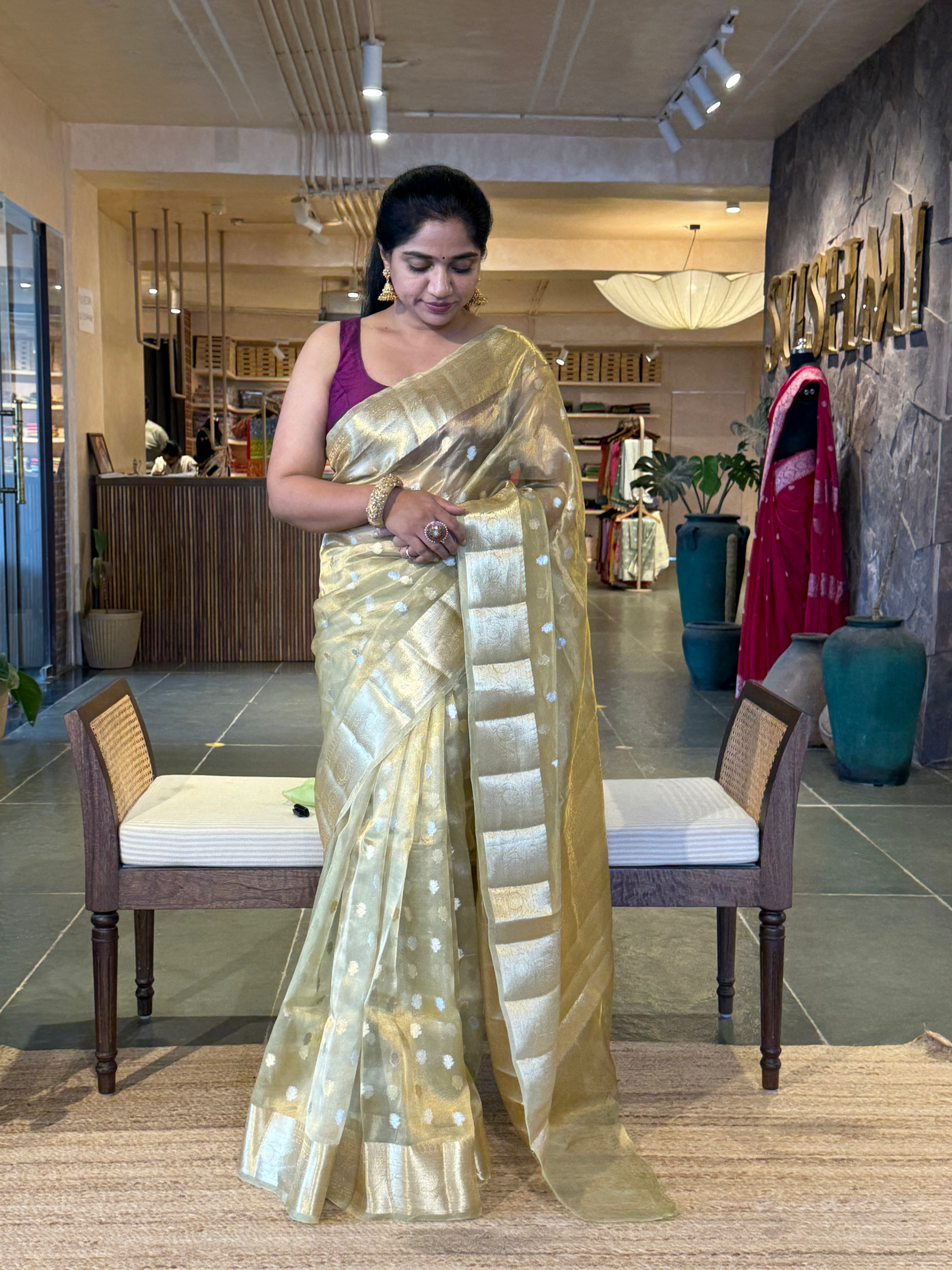WDTSH :  Light Apple Green Banarasi Tissue Saree with Gold based Tissue