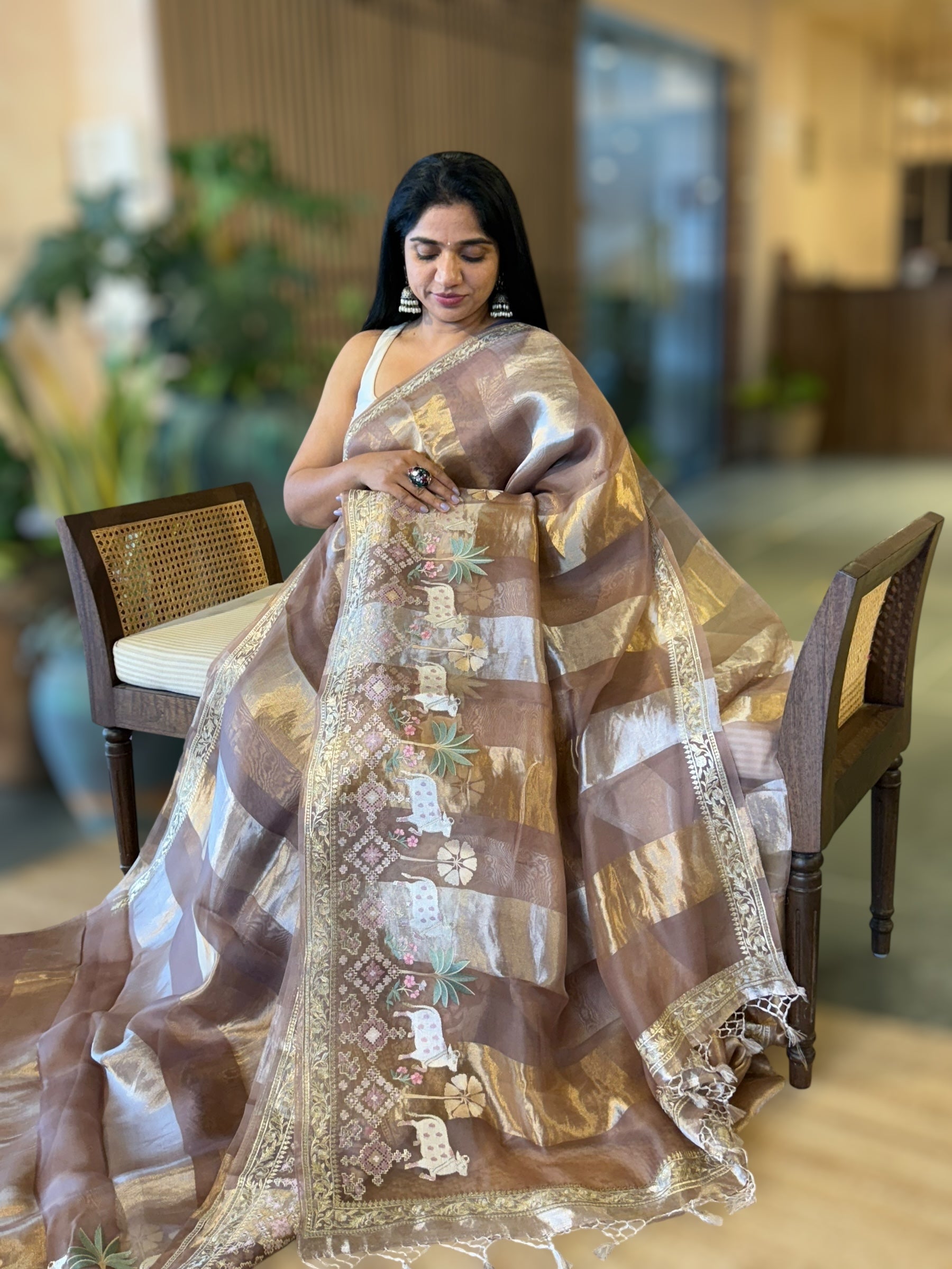 English Brown Kora Tissue Stripes Saree Wth Jamdani & Pichwai embroidered Border