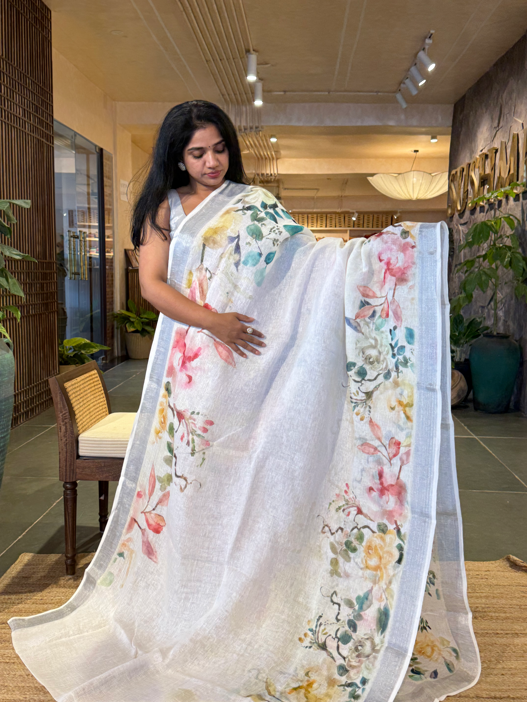 Snow White Pure Handloom Lenin Printed Sarees With Silver Zari Border