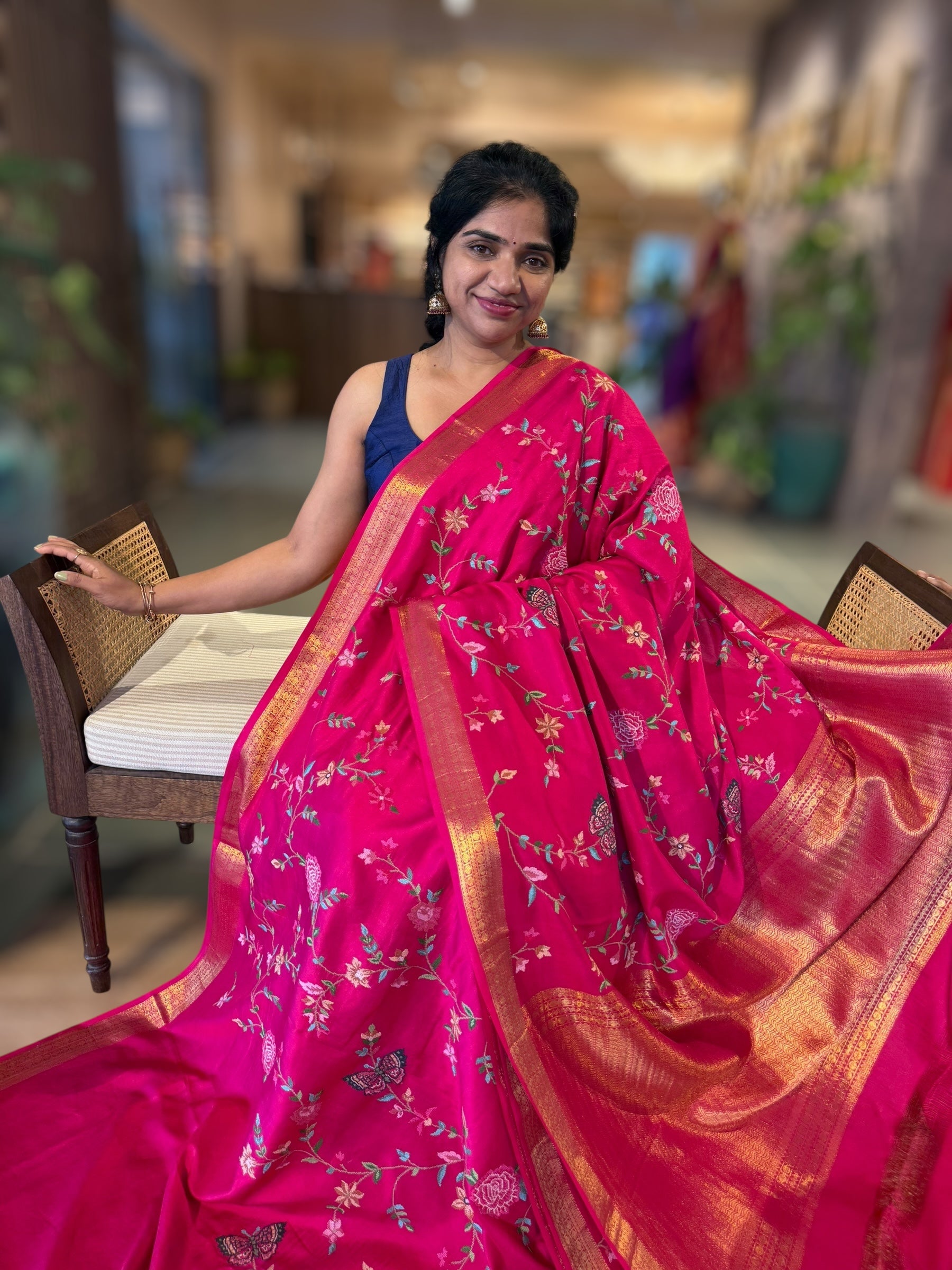 Rani Pink Kanchi soft Silk Saree With Allover Petite Point Embroidery