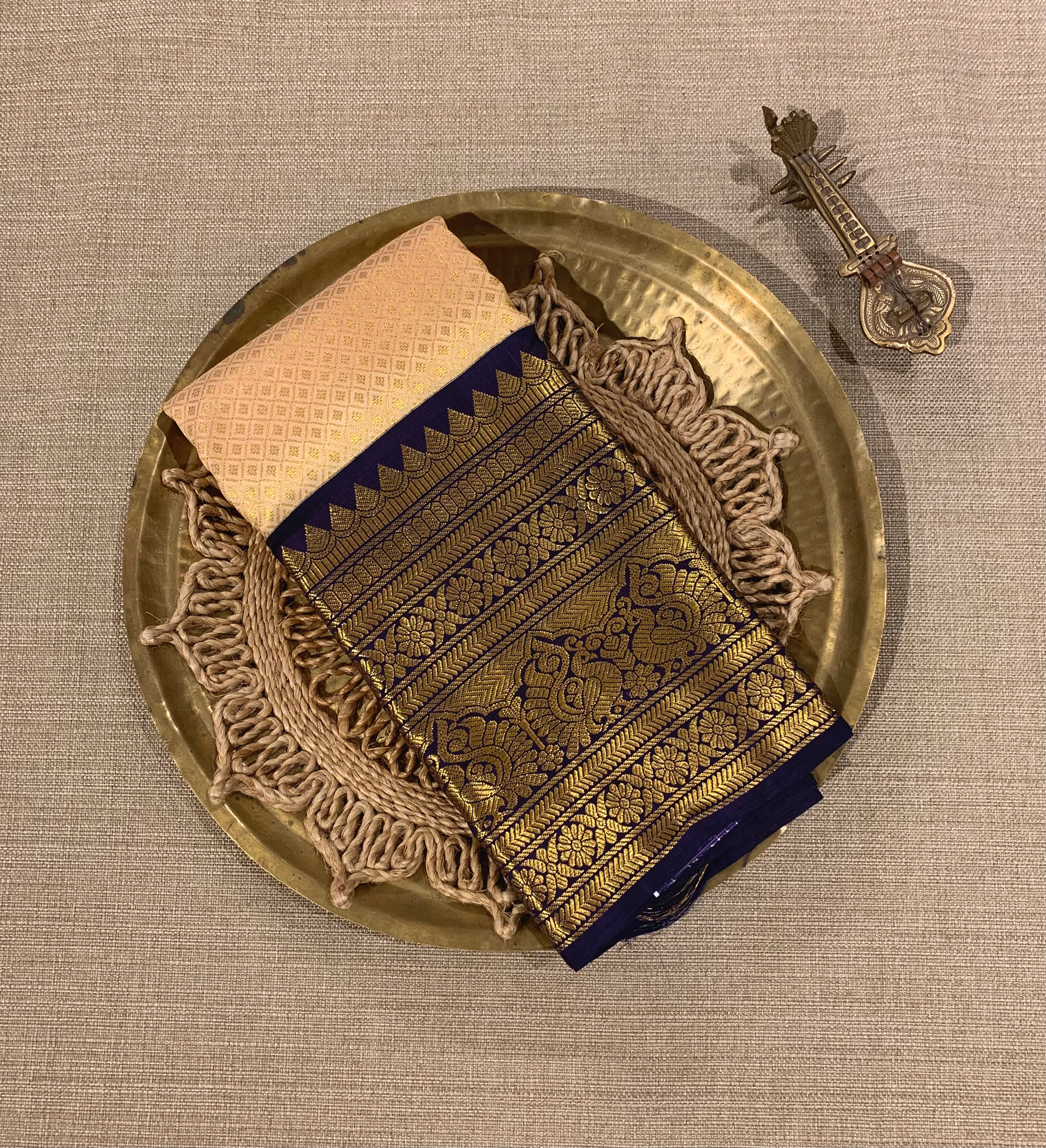 Beige and Midnigt Blue Combo Vintage Kanchi Brocade Silk With Vintage borders