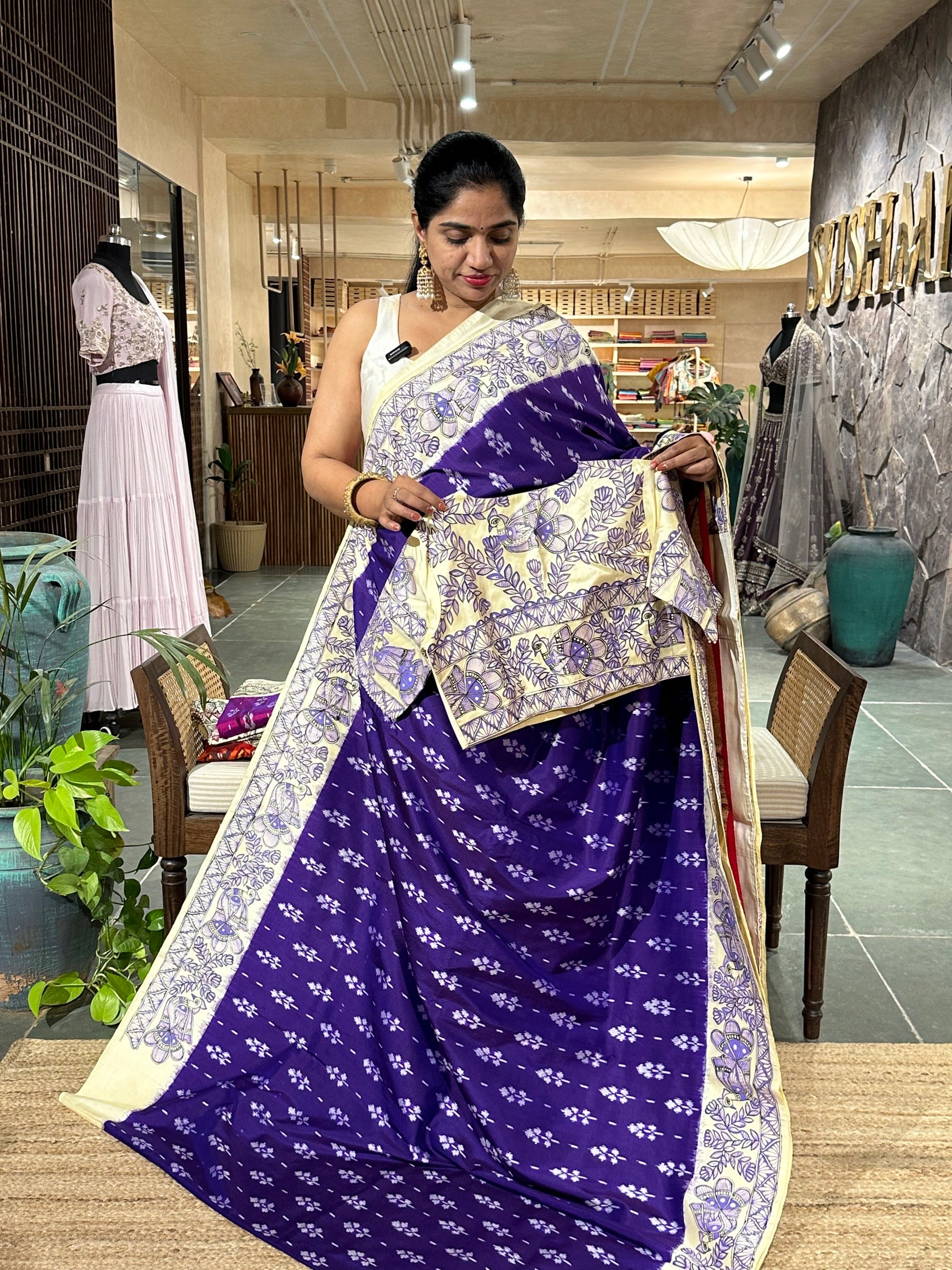 VioltPatola with Madhubhani handpainted border pallu and Blouse fed