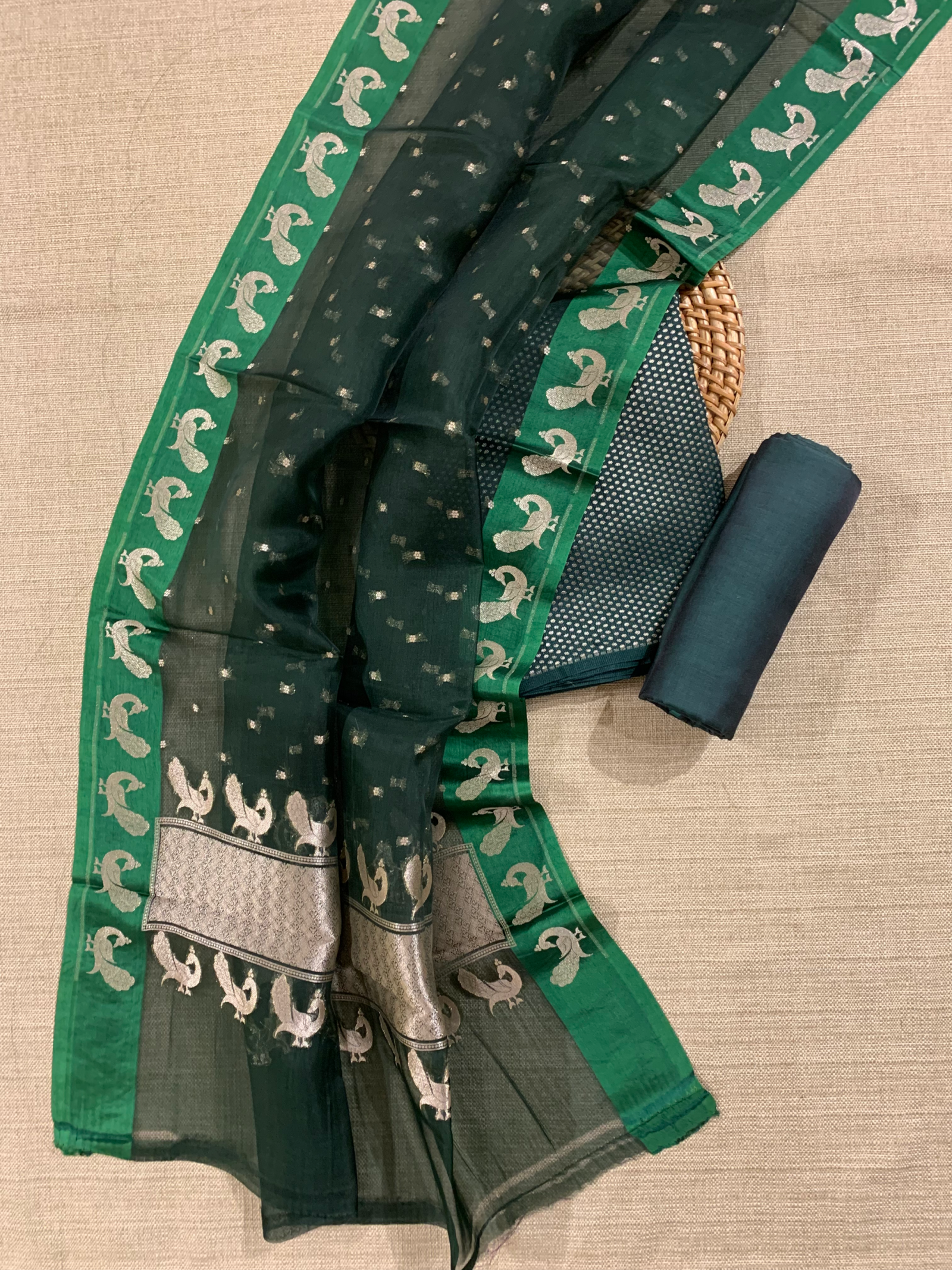 Bottle Green Pure Handloom Banarasi  Moonga Crepe Silk 3-pc Unstitched Suit Set