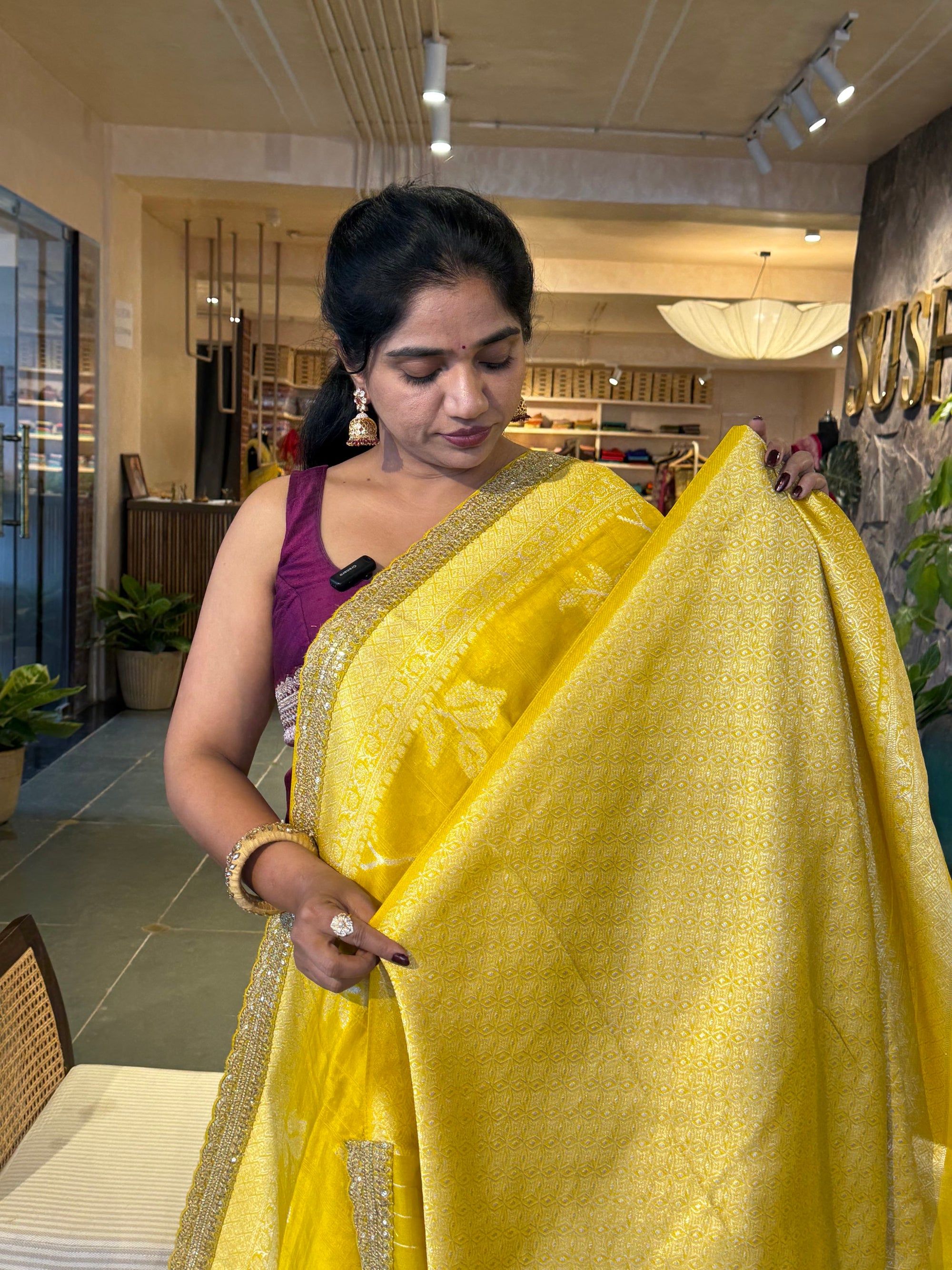 Yellow Tussar Khaddi Saree with Allover weaving and sabhyasachi borders STKM15