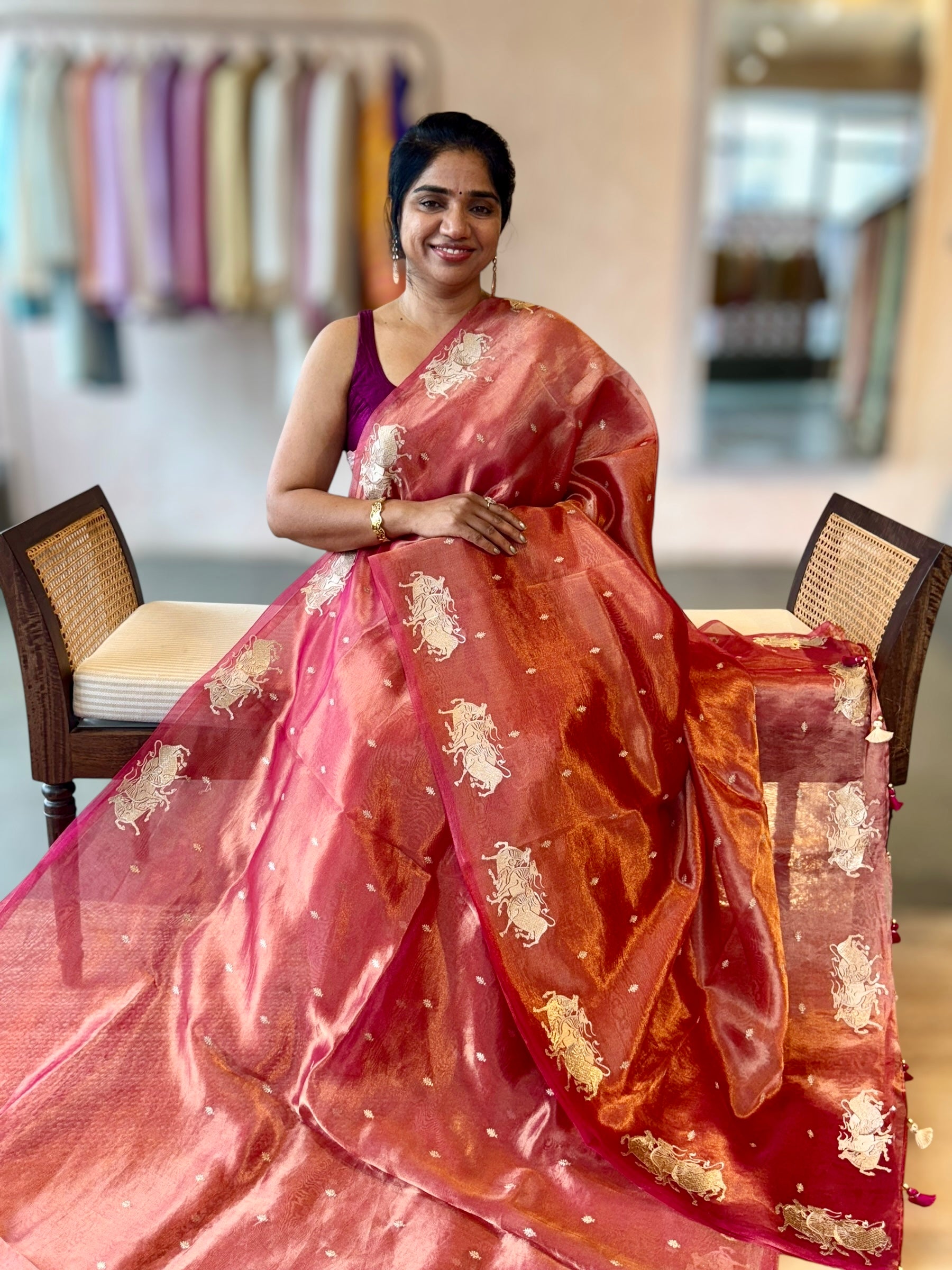 Pink Handloom Tissue Saree wth Nandi Embroidered Border & Stripes Tissue BP