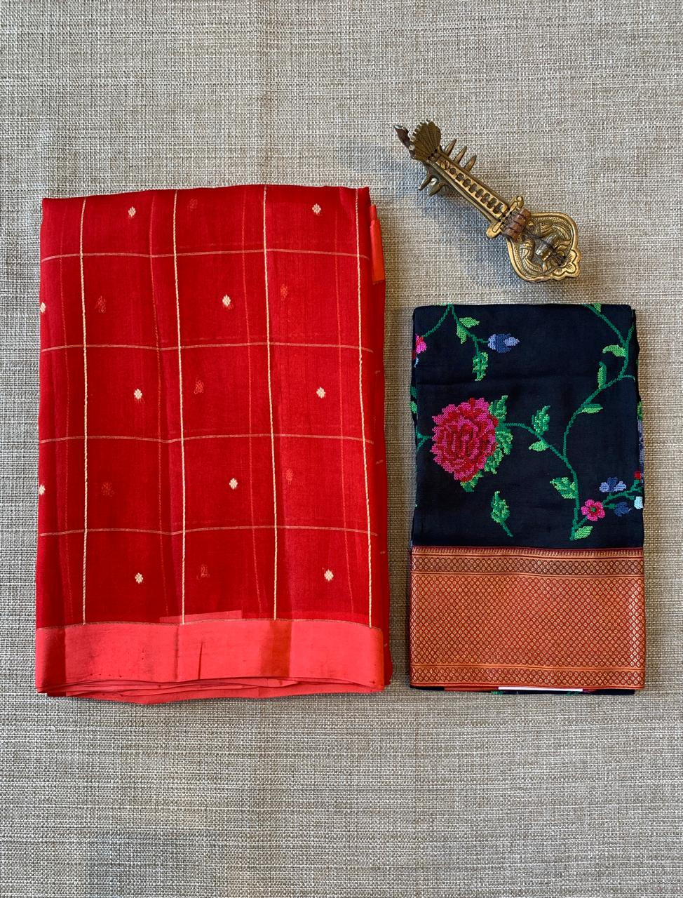 Red Handloom Banarasi Kora Checks Saree with allover Kaduwa Woven Zari Motifs .