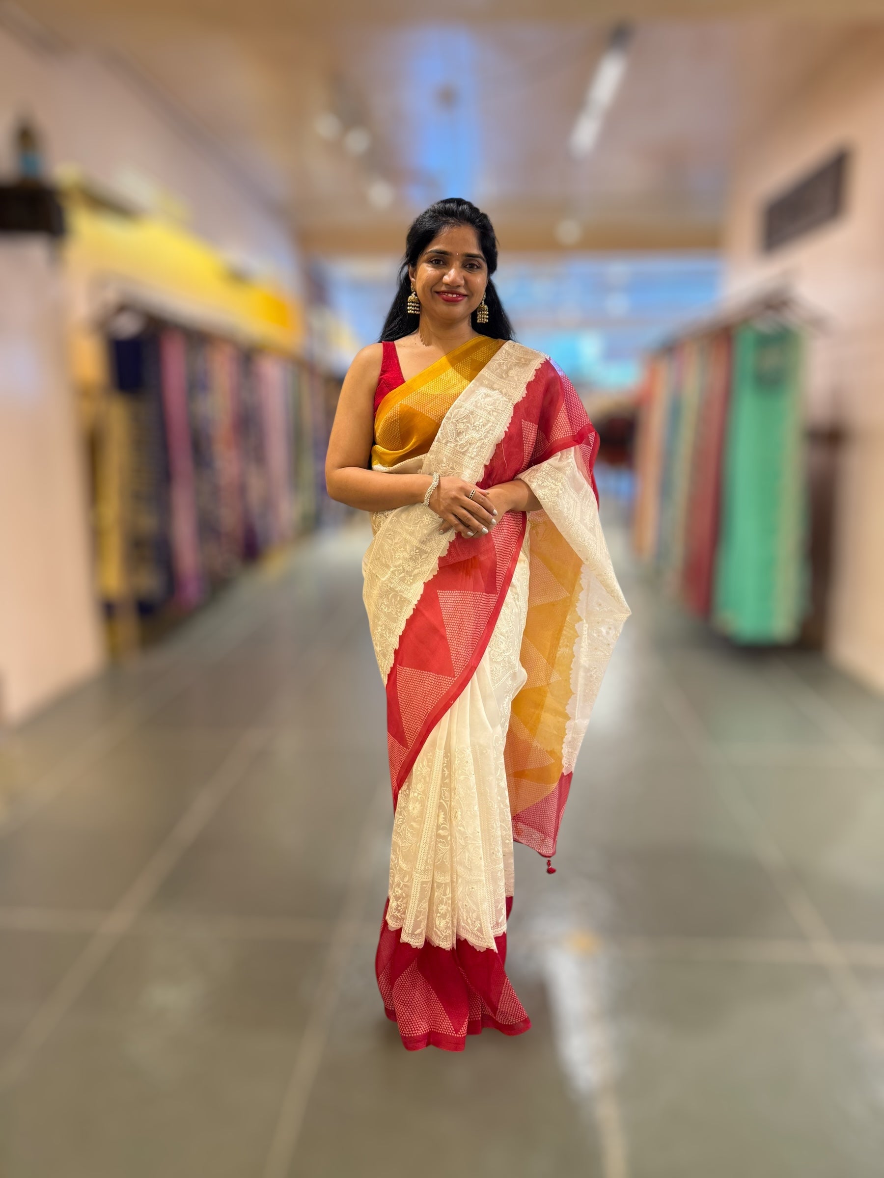Organza Chikankari Embroidery Saree With Ganga Jamuna Bandhini Temple Borders