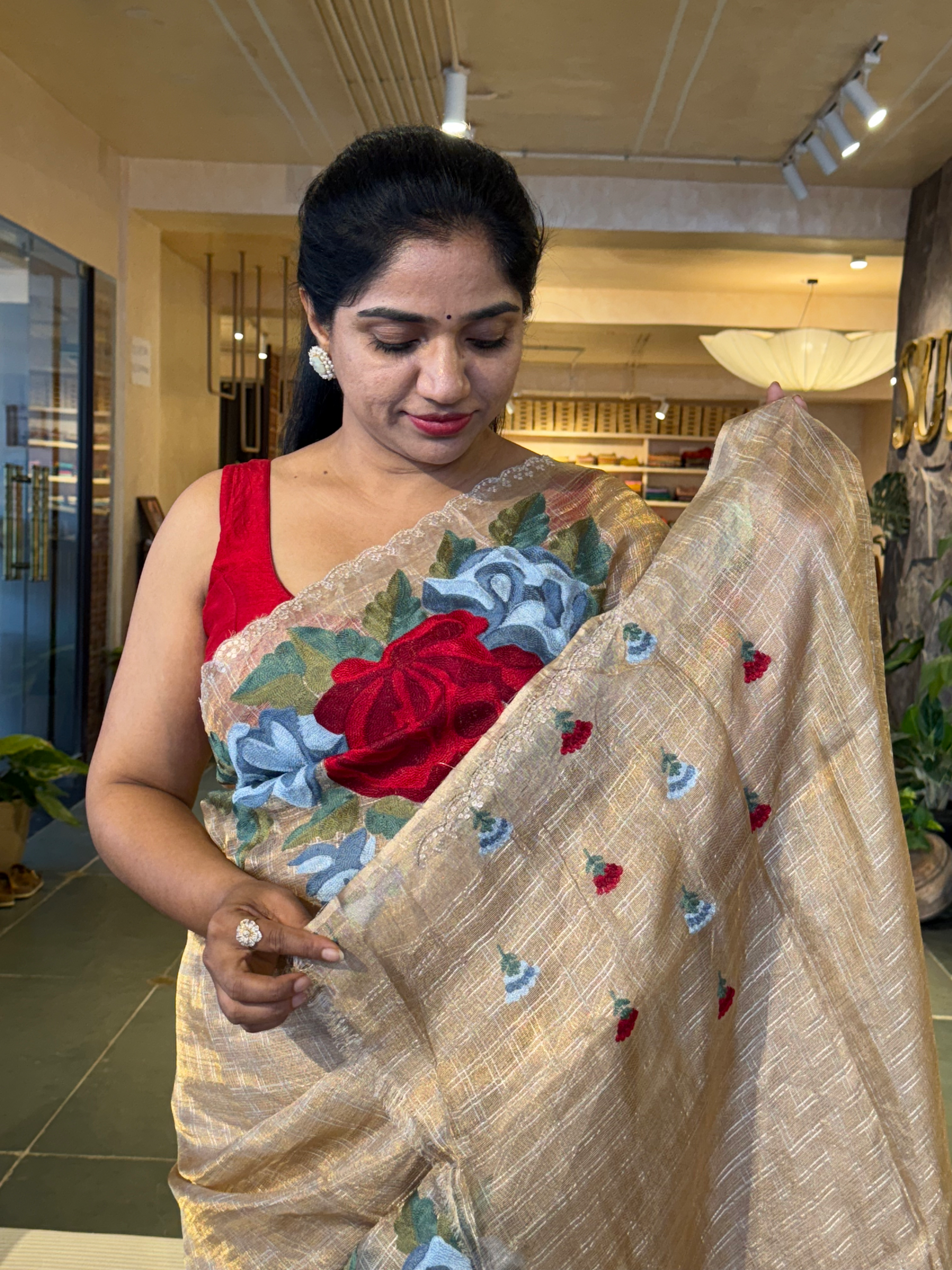 Gold Banarasi Tissue Saree with Silver Checks & Big Statement Floral Embroidery