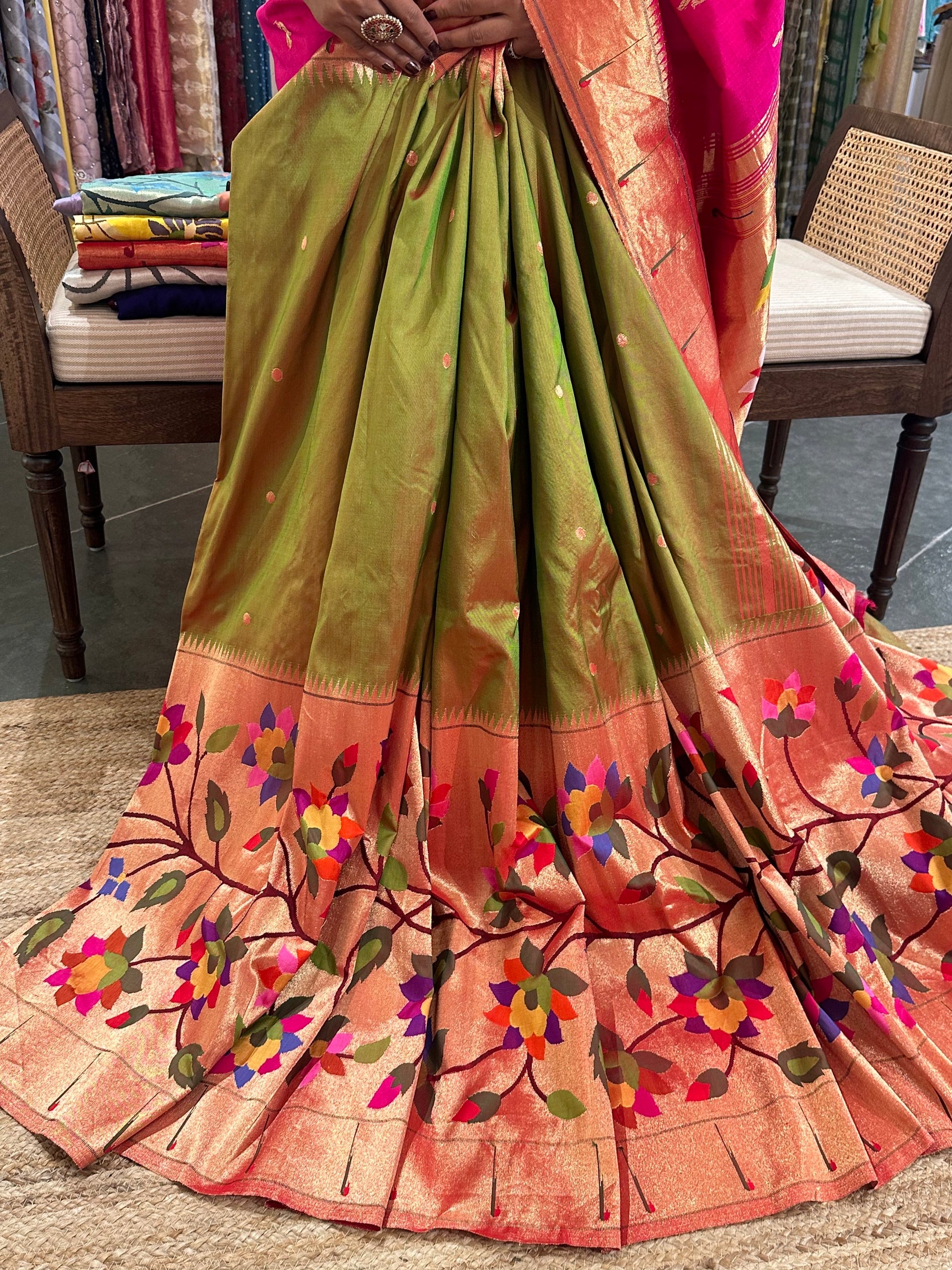 Mehendi Green Half Allover Pure Handloom yeola Paithani Saree
