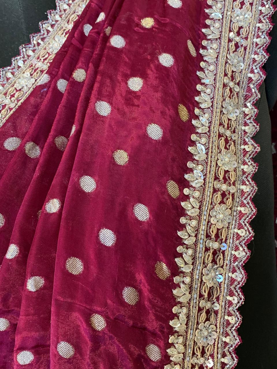 Wine Satin Gorgette Saree with Handwork border and blouse and allover zari butis