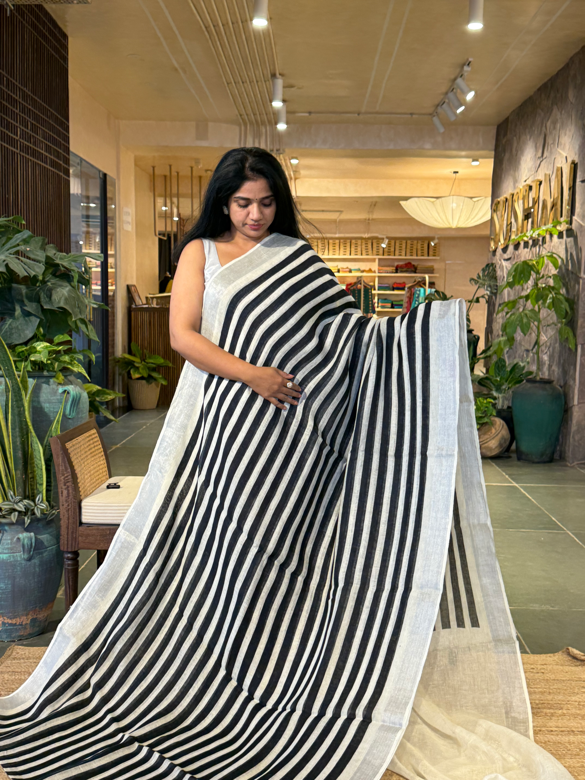 Black & White Pure Handloom Lenin Striped Sarees With Silver Zari Border