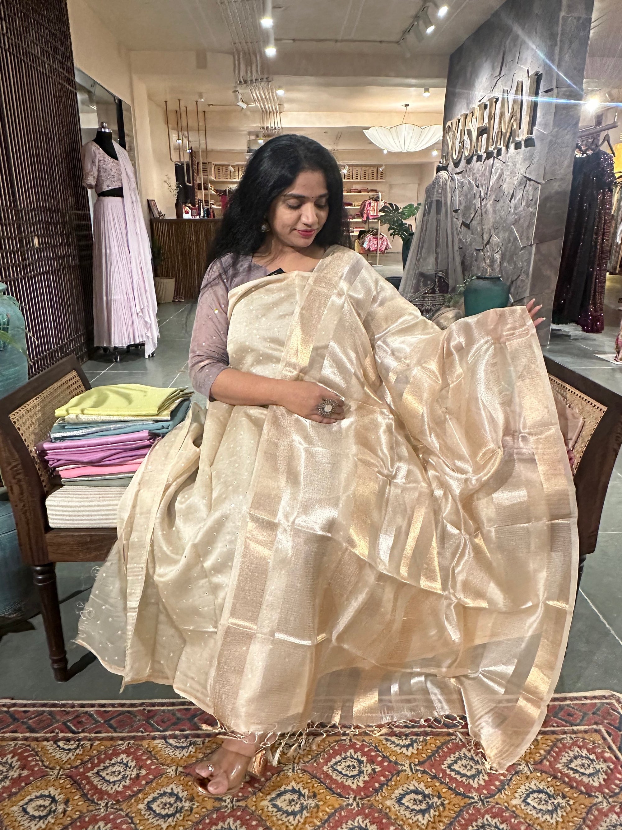 Beige Pure Handloom Chanderi silk mirrorwork 3-pc suit set
