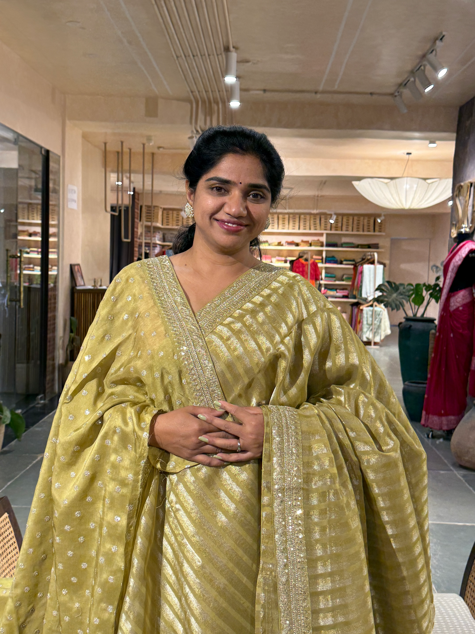 SKTSA601 : Pista Kora Tissue Stripes Saree wth Sabhyasachi borders & Blouse