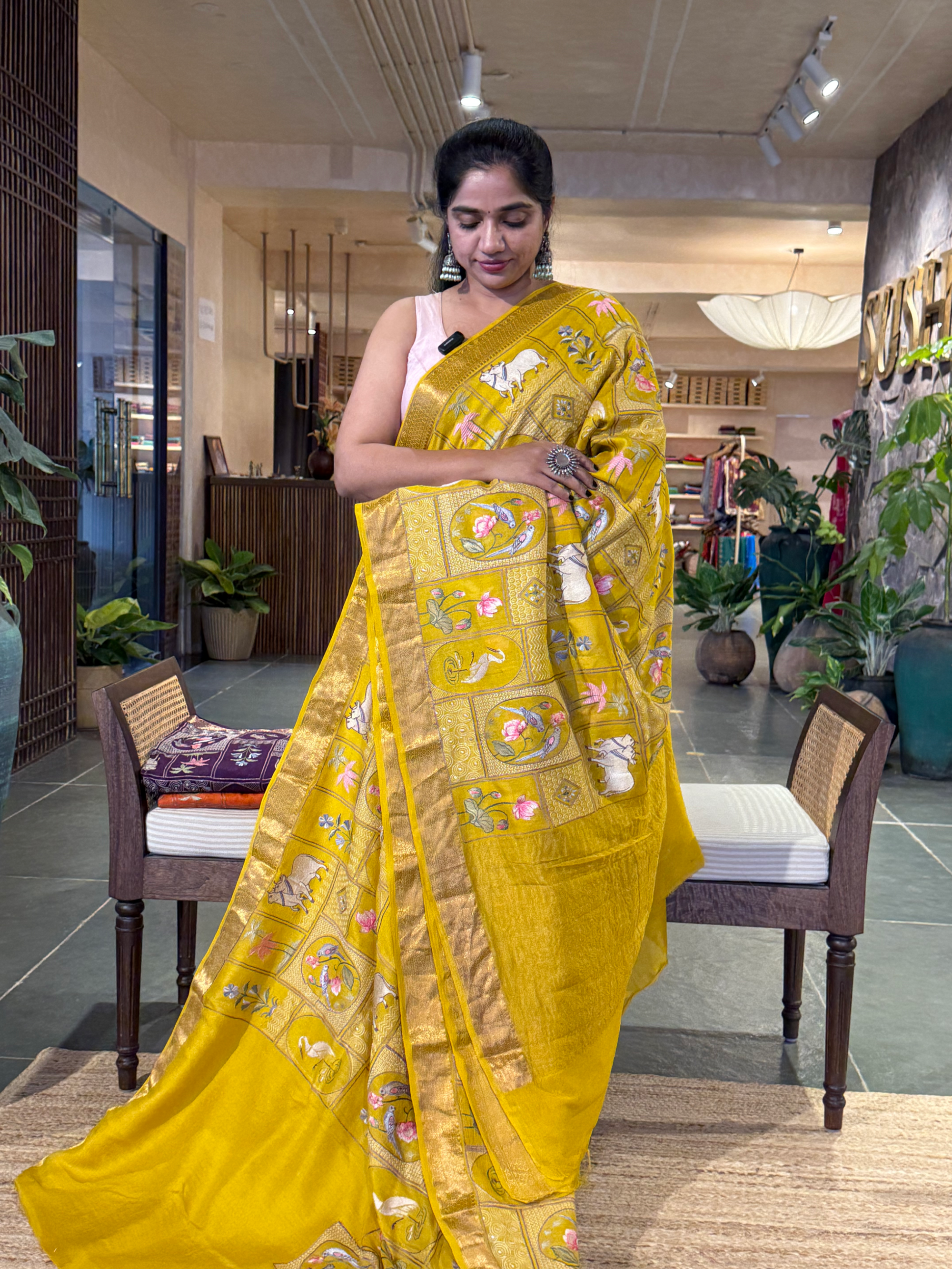 SMSEA110 Mango Yellow Pure Handloom Munga Silk Saree with Pichwai Embroidery